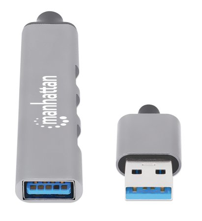 MANHATTAN 4-Port USB 3.0/2.0 Kombo-Hub USB-A-Stecker auf ein5 Gbit/s USB 3.2 Gen1-Port drei 480 Mbit/s USB 2.0-Ports Aluminium grau