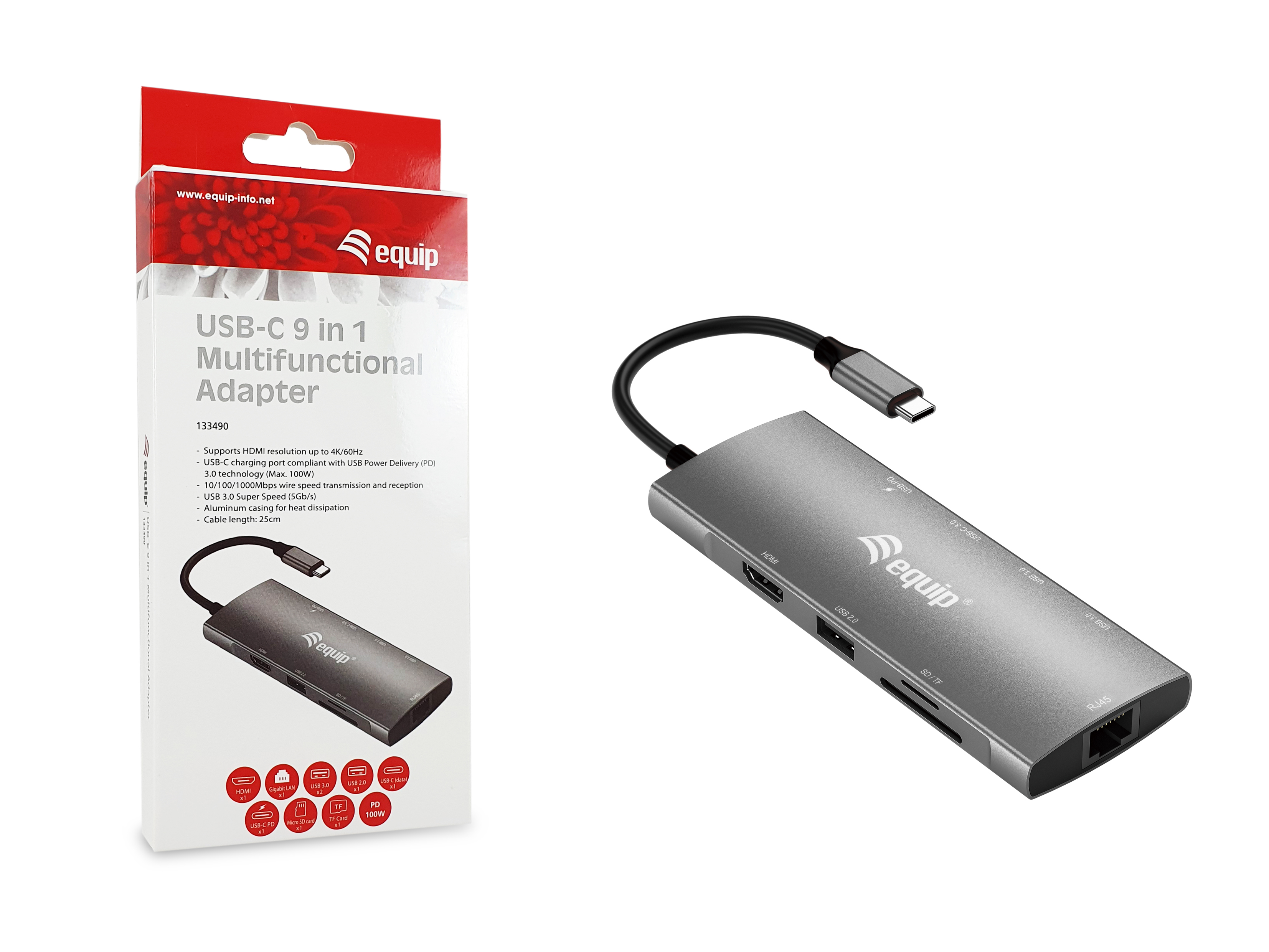 Equip Dock 9-1 USB-C->HDMI,GbE,2xUSB-A3.2,USB-C3.2,+ 0.25m