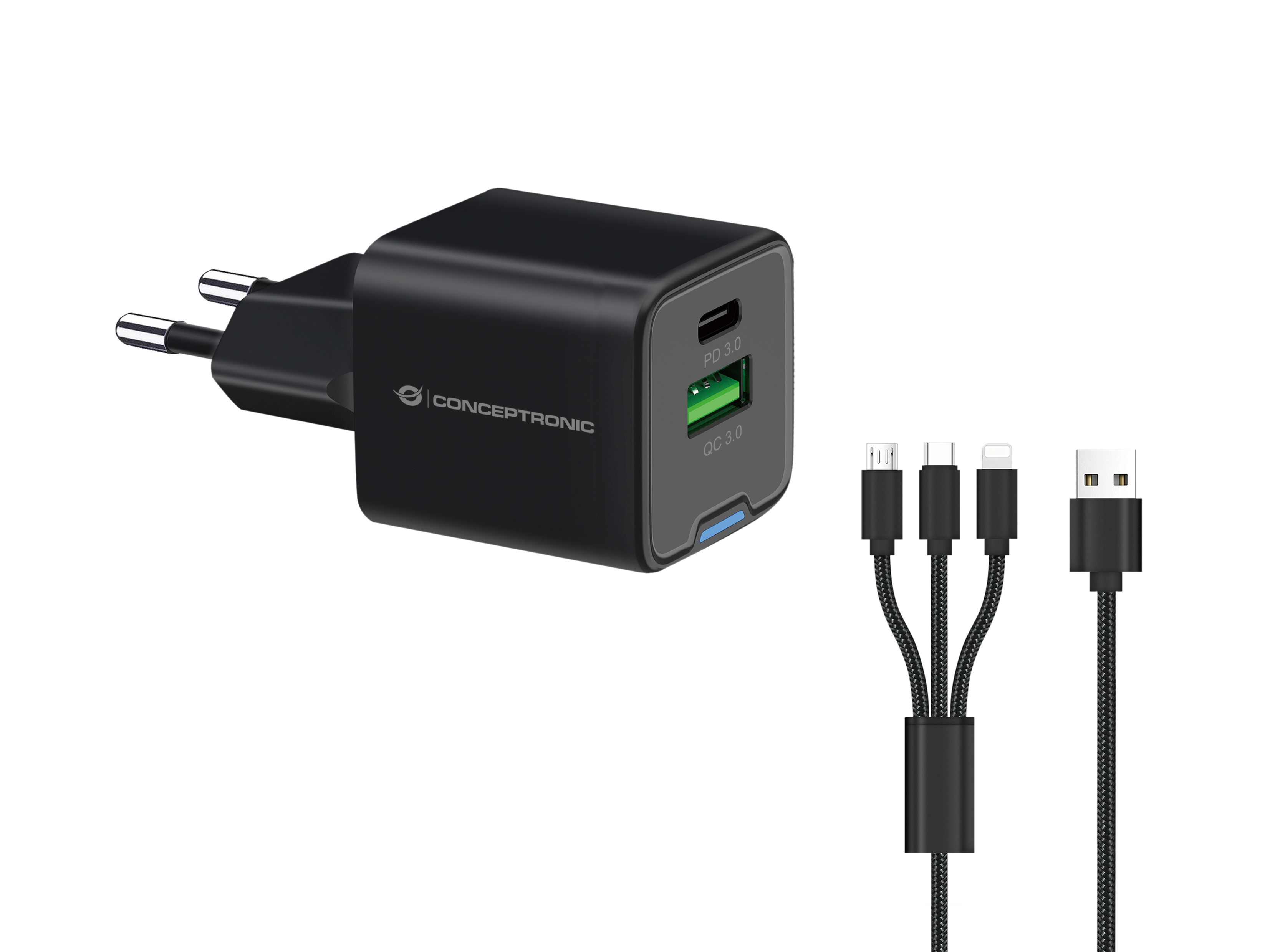CONCEPTRONIC Ladegerät 2Port GaN 3-in-1 33WPD3.0/PPS sw