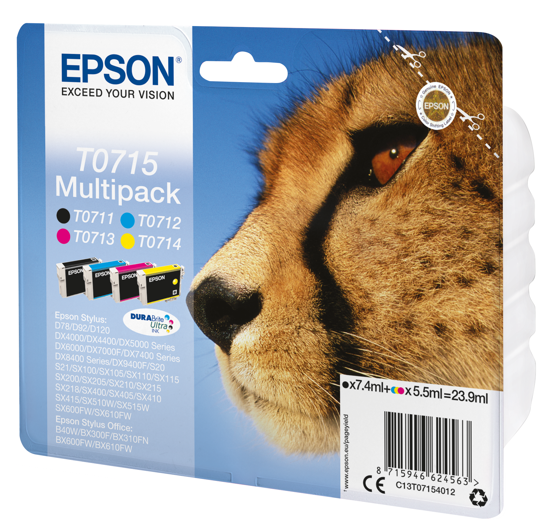 EPSON T0715 (Gepard) schwarz, cyan, magenta, gelb Druckerpatronen, 4er-Set