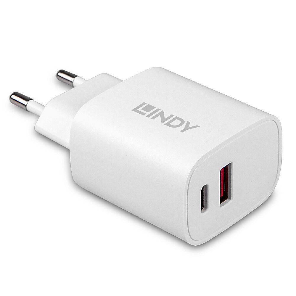 LINDY USB 2-Port Charger 20W, 1x USB-C PD & 1x USB-A, weiß