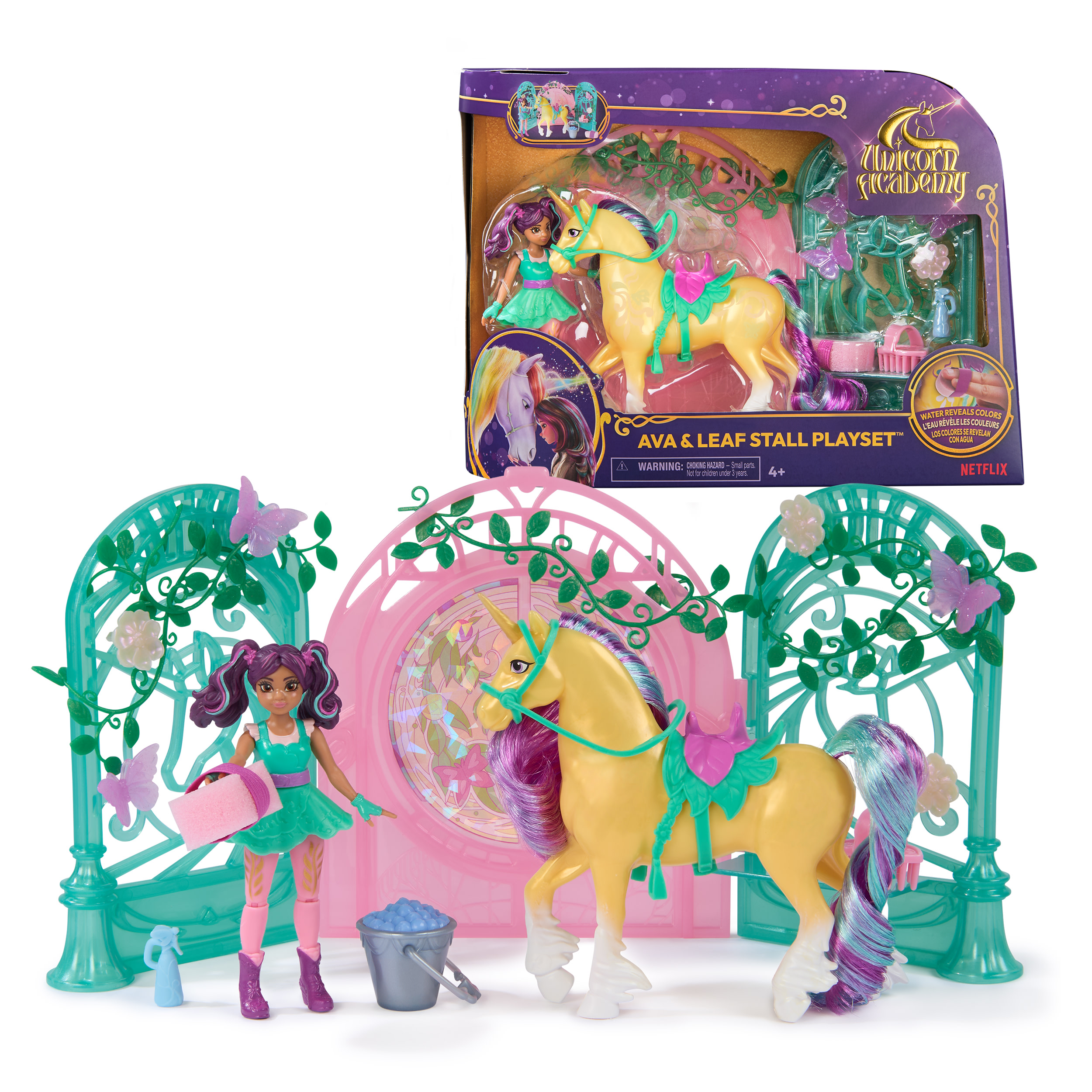 Unicorn Academy - Ava & Einhorn Leaf Stall Spielset mit Farbwechseleffekt, Spielfigur