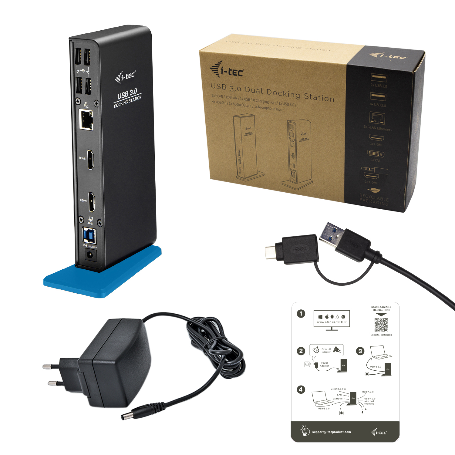 I-TEC USB 3.0/USB-C Dual HDMI Docking Station 2x HDMI 1x GLAN 2x USB 3.0 4x USB 2.0 1x Audio 1x Mic USB 3.0 Kabel mit USB-C adapter