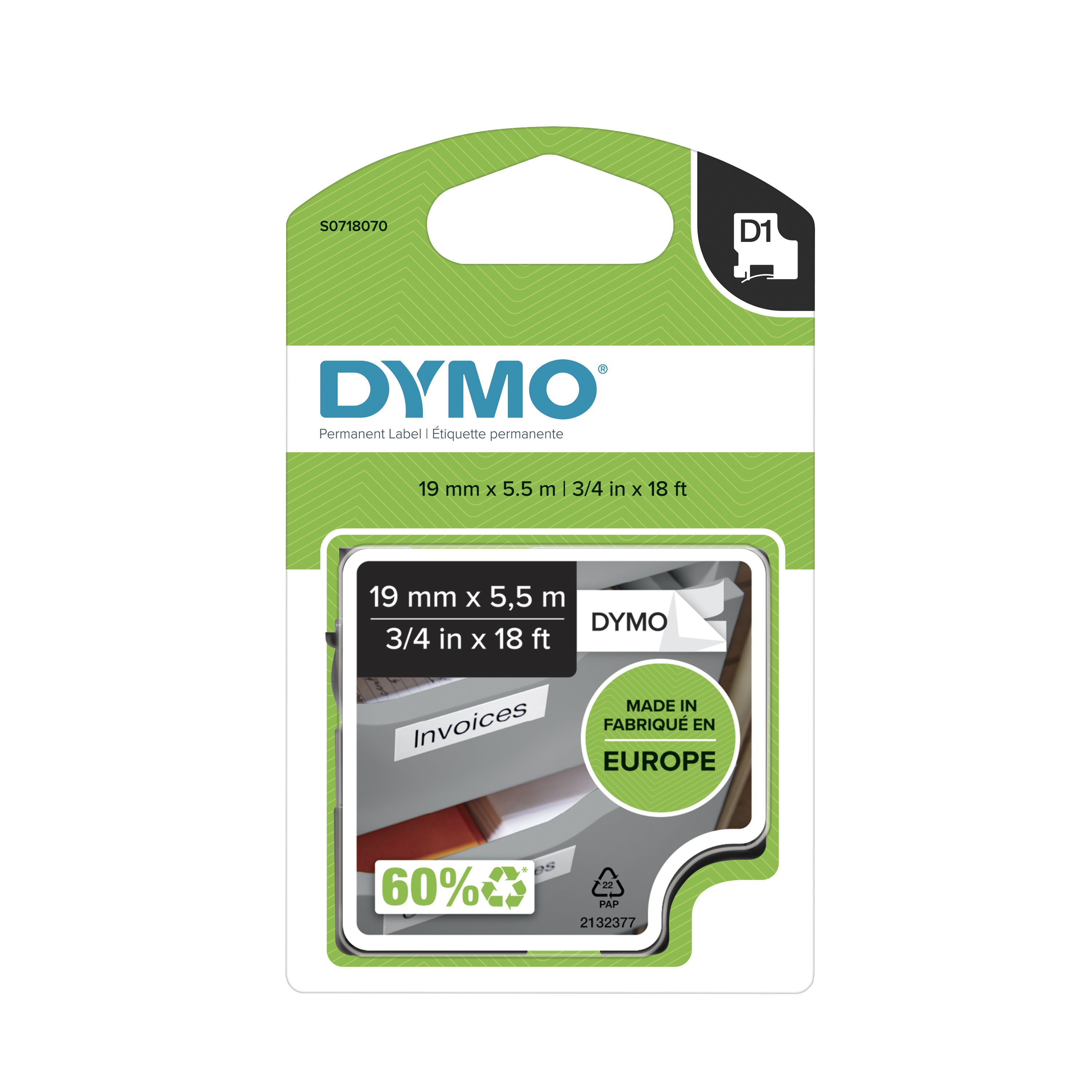DYMO Schriftband D1 16960 S0718070, 19 mm, schwarz auf weiß, 1 St.