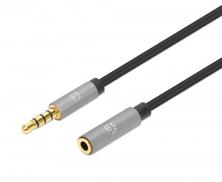 MANHATTAN Audio-Verlängerungskabel Aux 3,5mm Klinke Stecker auf Buchse 3m vergoldete Kontakte Slim Design schwarz/silber