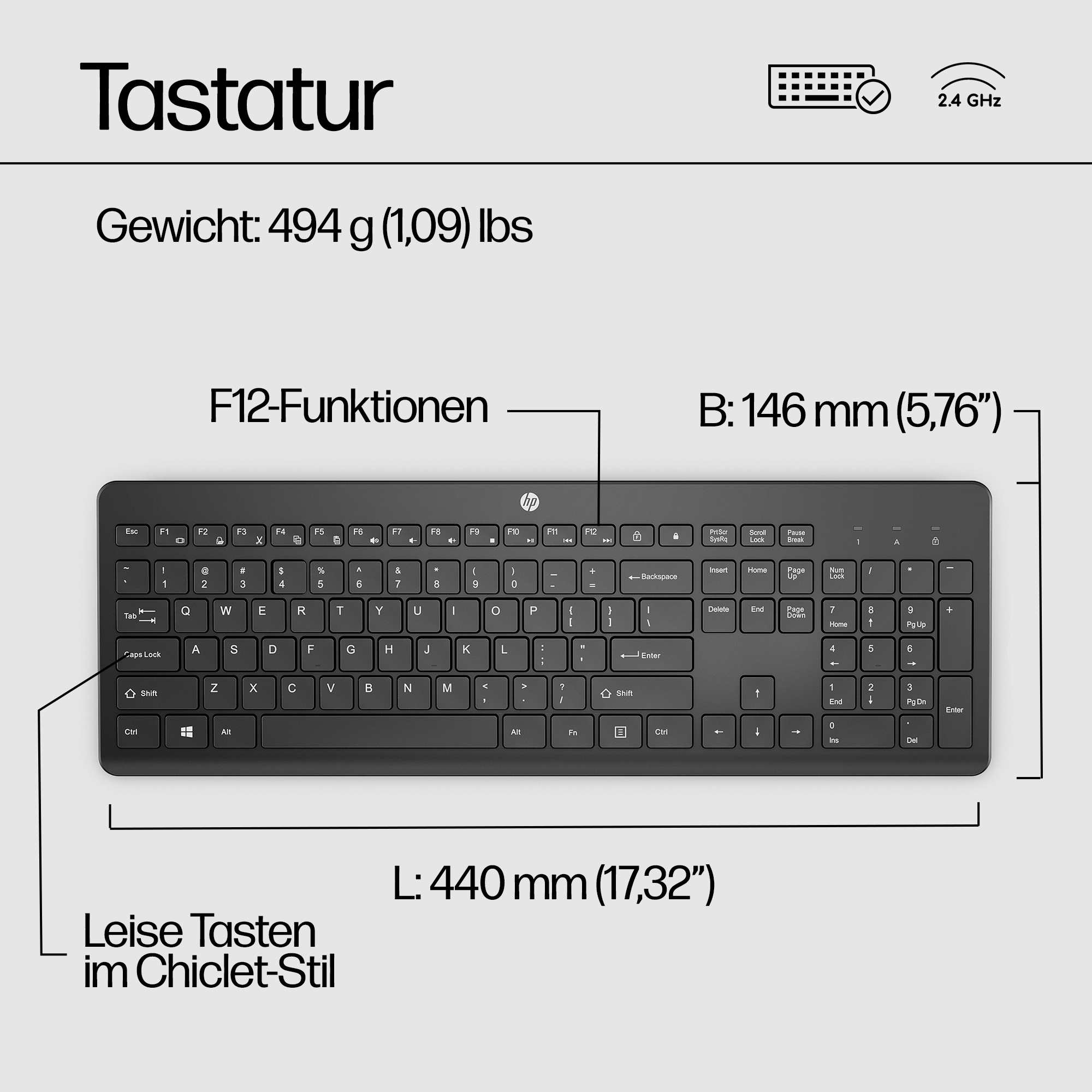 HP 230 Wireless Keyboard Black GR tastatur kabellos(P)