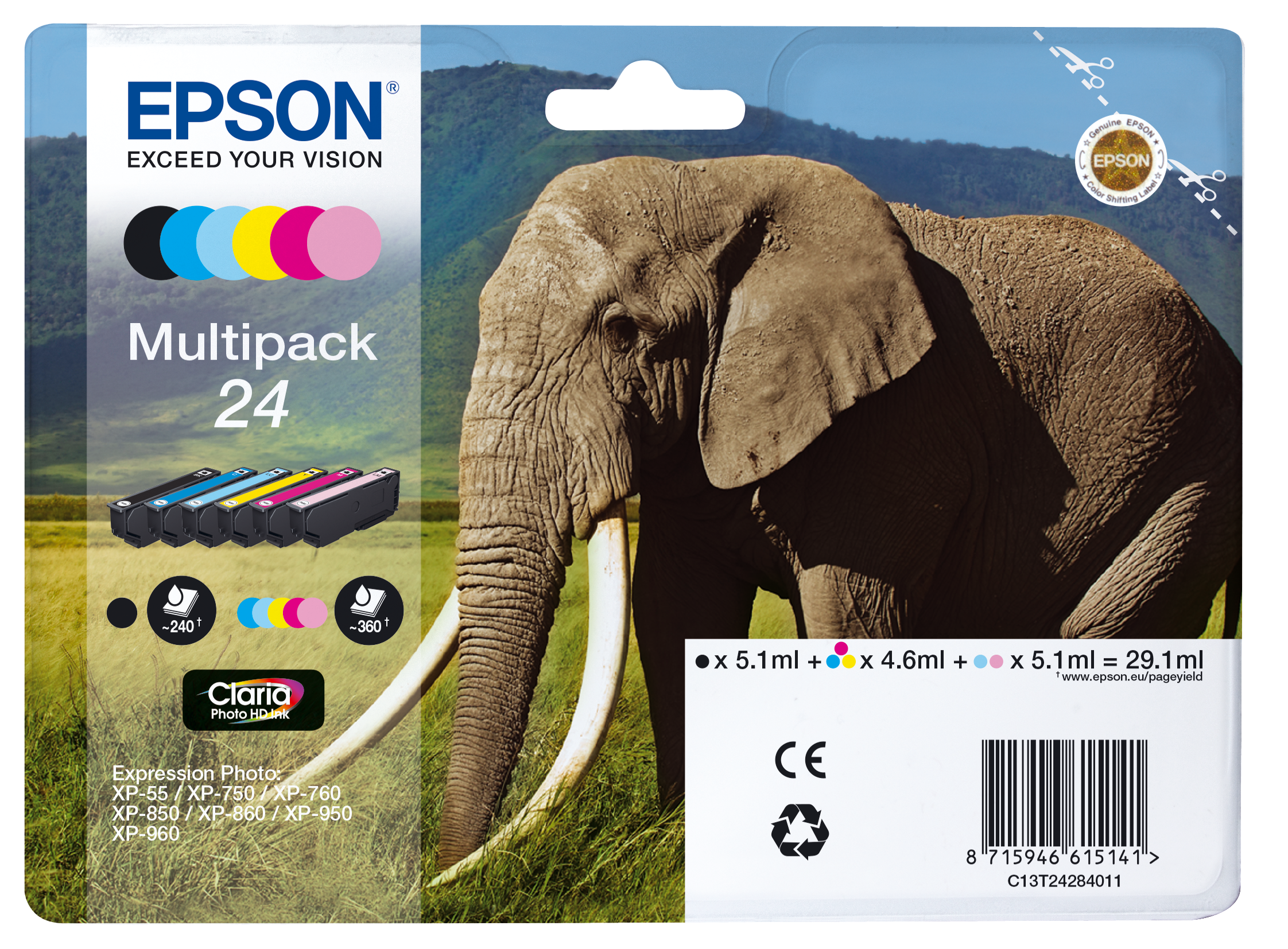 EPSON 24 / T2428 (Elefant) schwarz, cyan, magenta, gelb, light cyan, light magenta Druckerpatronen, 6er-Set
