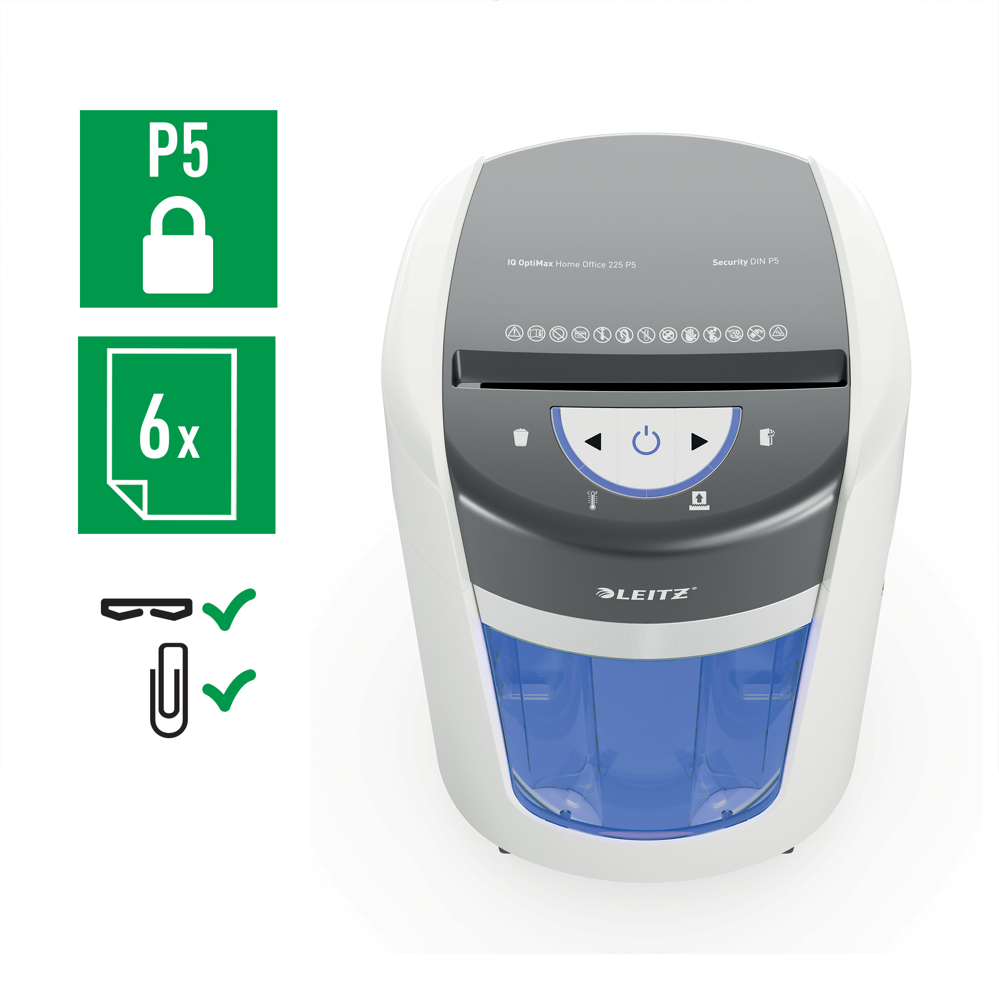 LEITZ IQ OptiMax Home Office 225 Aktenvernichter mit Partikelschnitt P-5, 2 x 15 mm, bis 6 Blatt, weiß