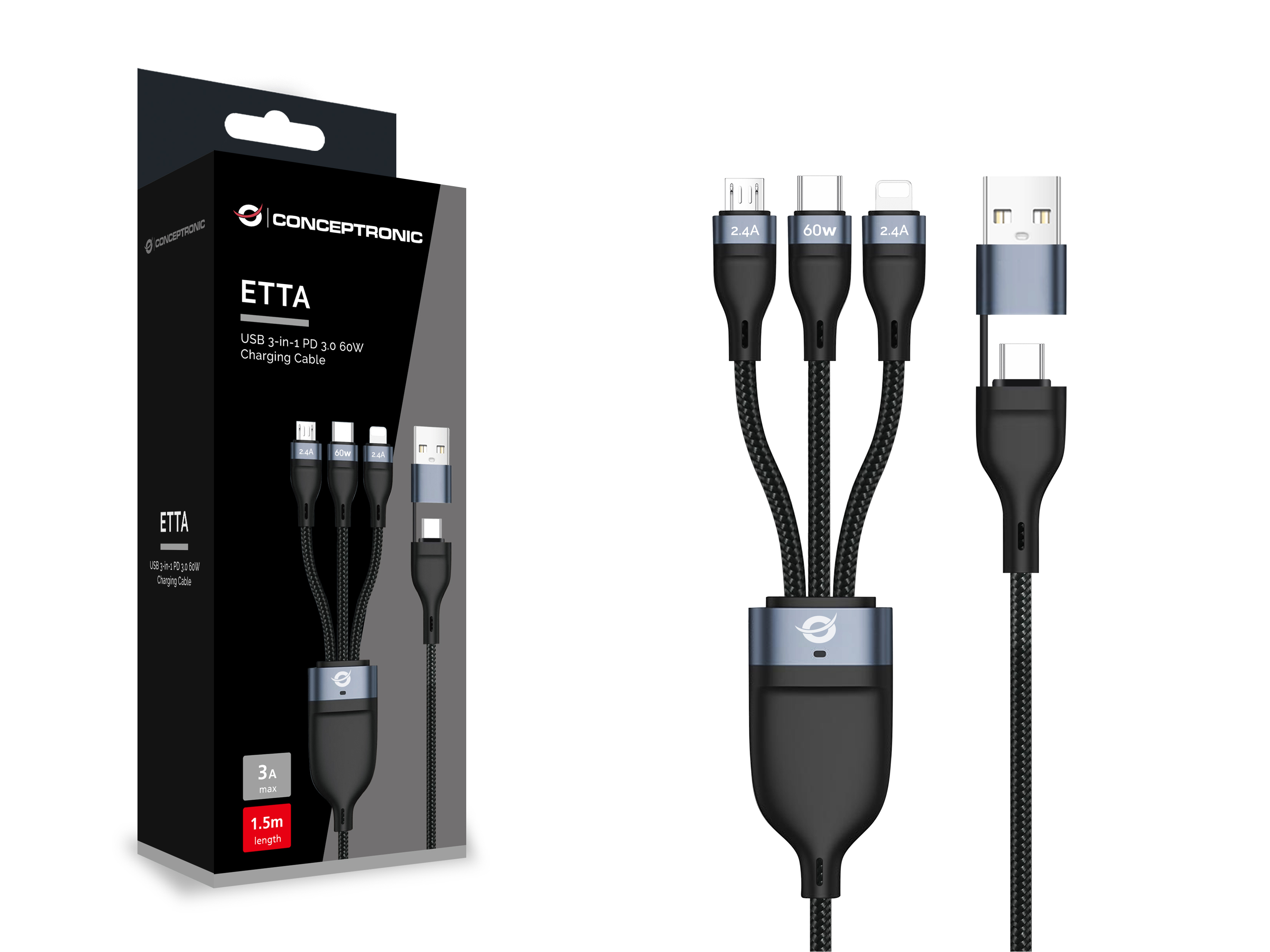 CONCEPTRONIC Kabel USB-C/-A3.0->C/MicroB/+ 480Mbs 1.50m sw