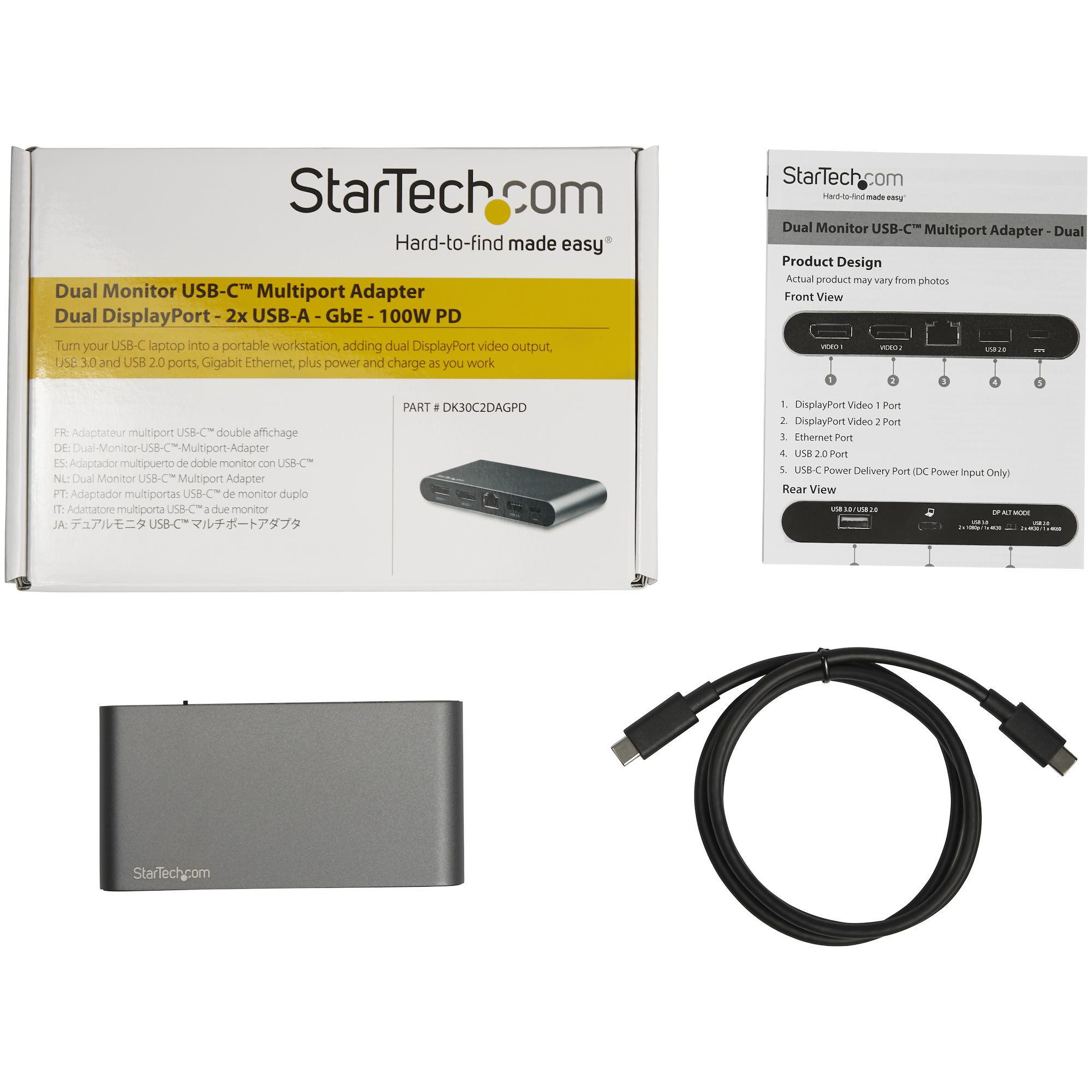 STARTECH.COM Dual Monitor USB-C Multiport Adapter - Windows - 2 x 4K DP - 100W PD 3.0 - GbE? - DP Alt Mode Switch