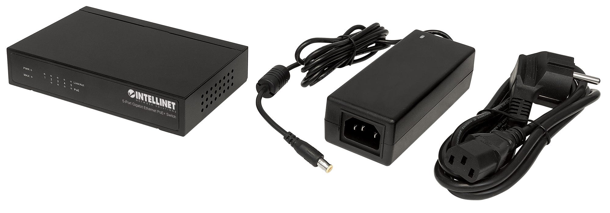 INTELLINET 5-Port Gigabit Ethernet PoE+ Switch 4 x PSE PoE-Ports IEEE 802.3at/af Power-over-Ethernet (PoE+/PoE) 60 W Desktop schwarz