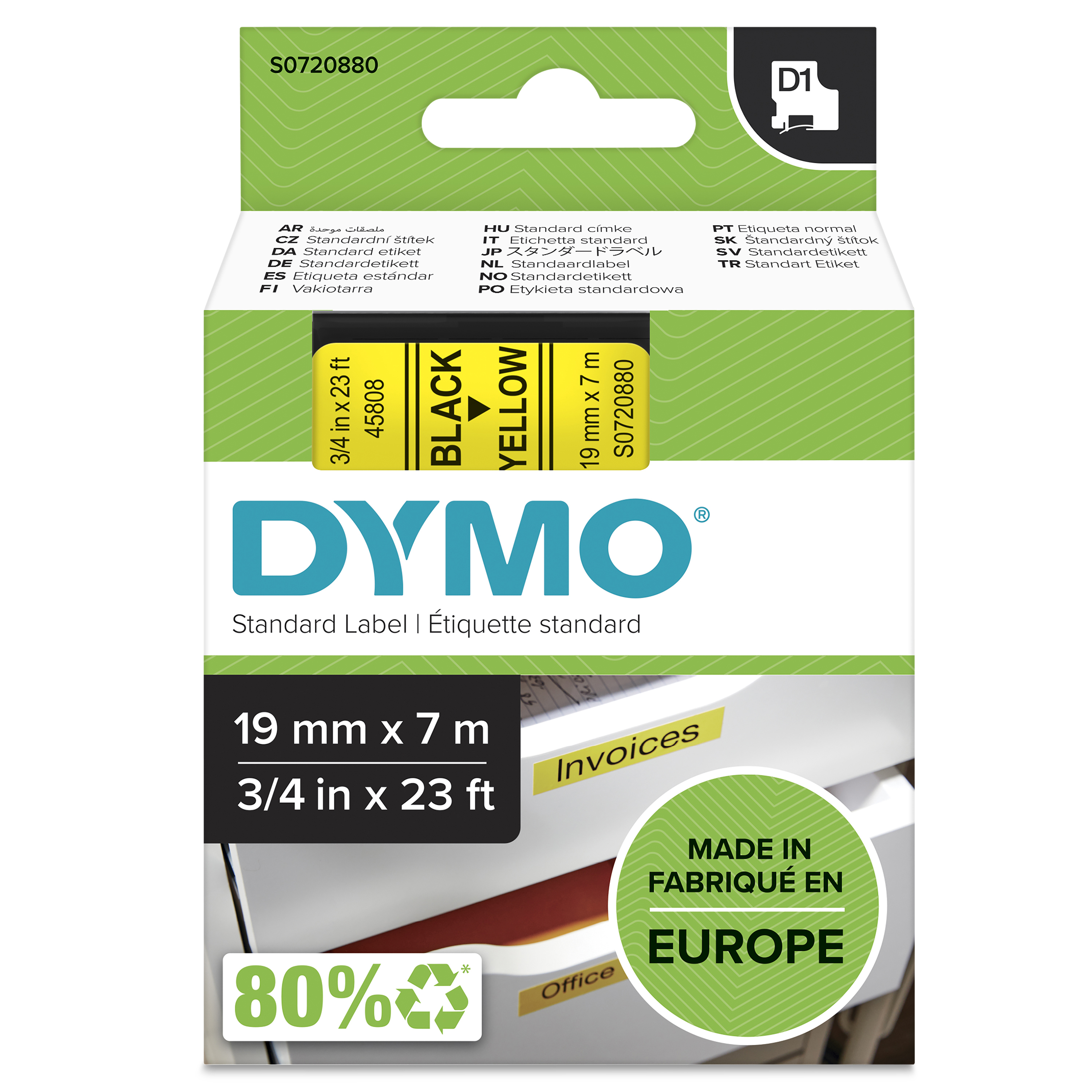 DYMO D1 Schriftband 45808 19mmx7.0m schwarz->gelb