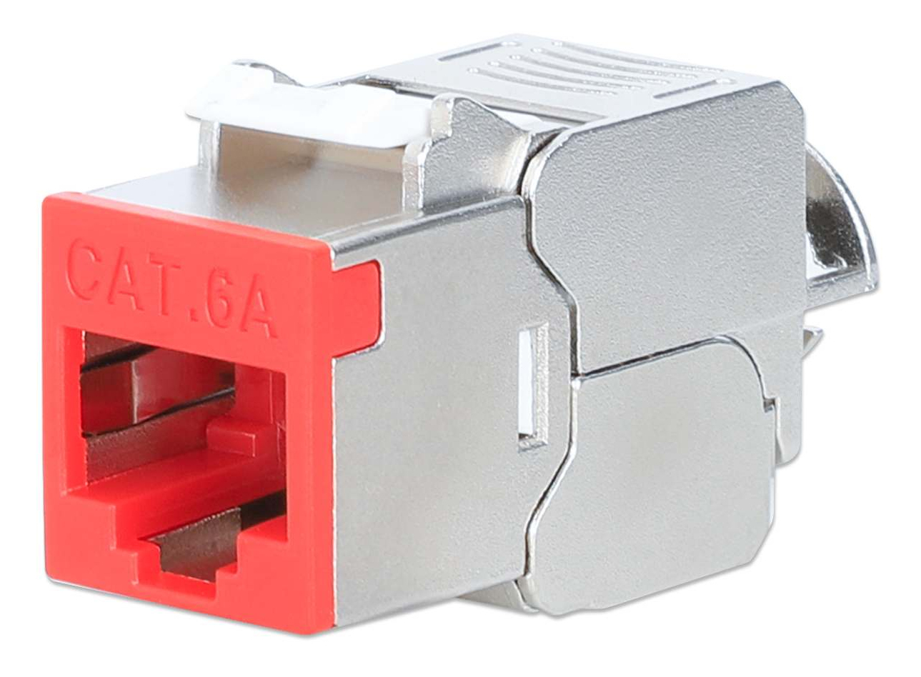INTELLINET Cat6a 10G Slimline Keystone-Modul STP werkzeuglos mit Rastclip für Massivdraht vergoldete Kontakte Metallgehäuse rot