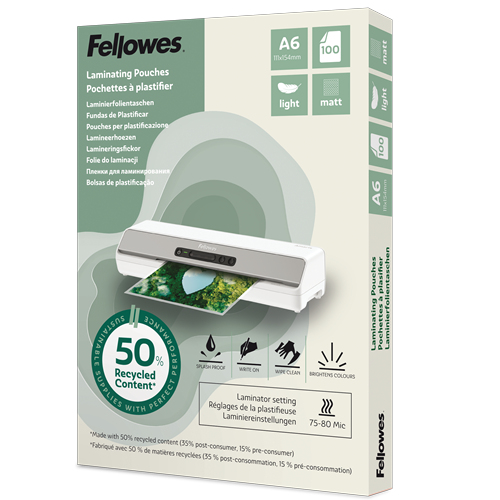 Fellowes Laminierfolien mit 50% recyceltem Anteil matt für A6 75-80 micron, 100 St.