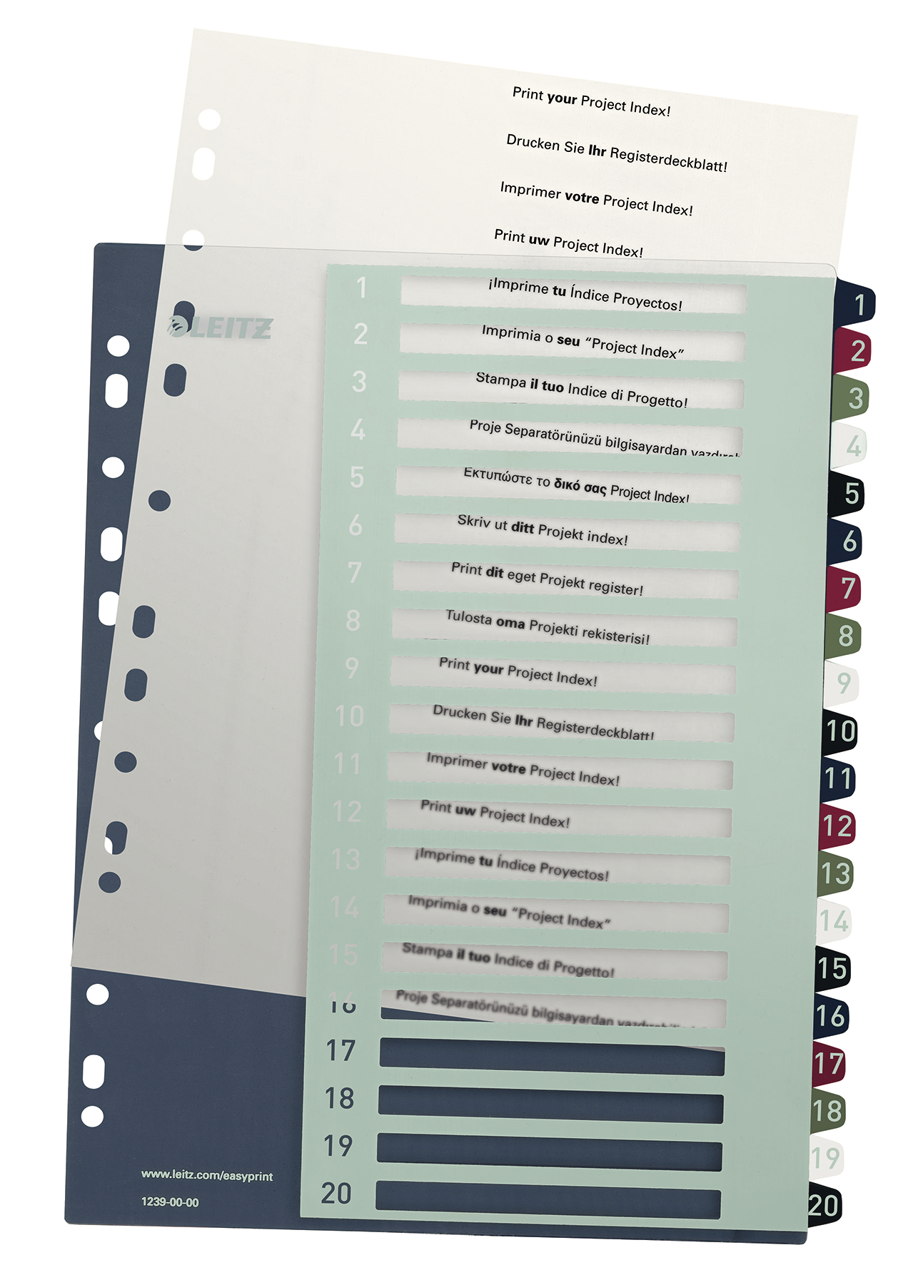 LEITZ Ordnerregister Style DIN A4+ Vollformat, Überbreite 1-20 farbig 20-teilig, 1 Satz