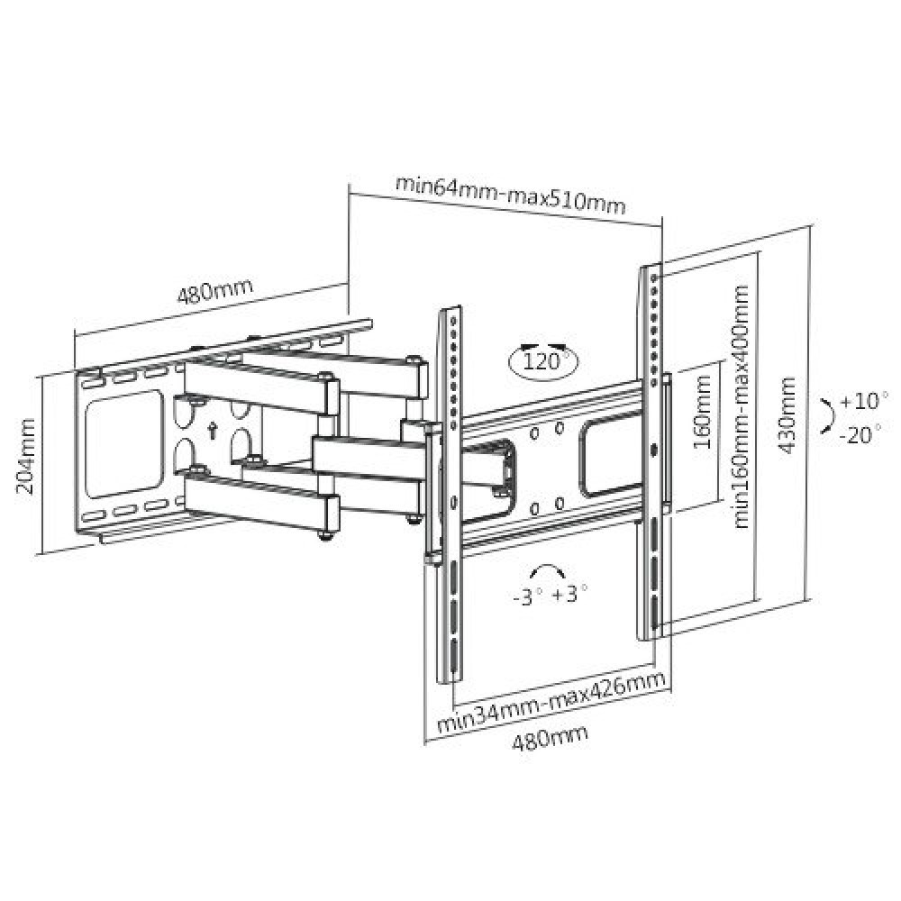 TECHLY Wandhalterung fuer LCD TV 81-139cm 32-55Zoll schwarz neigbar 5-12Grad VESA 600x400 Traglast bis 70Kg