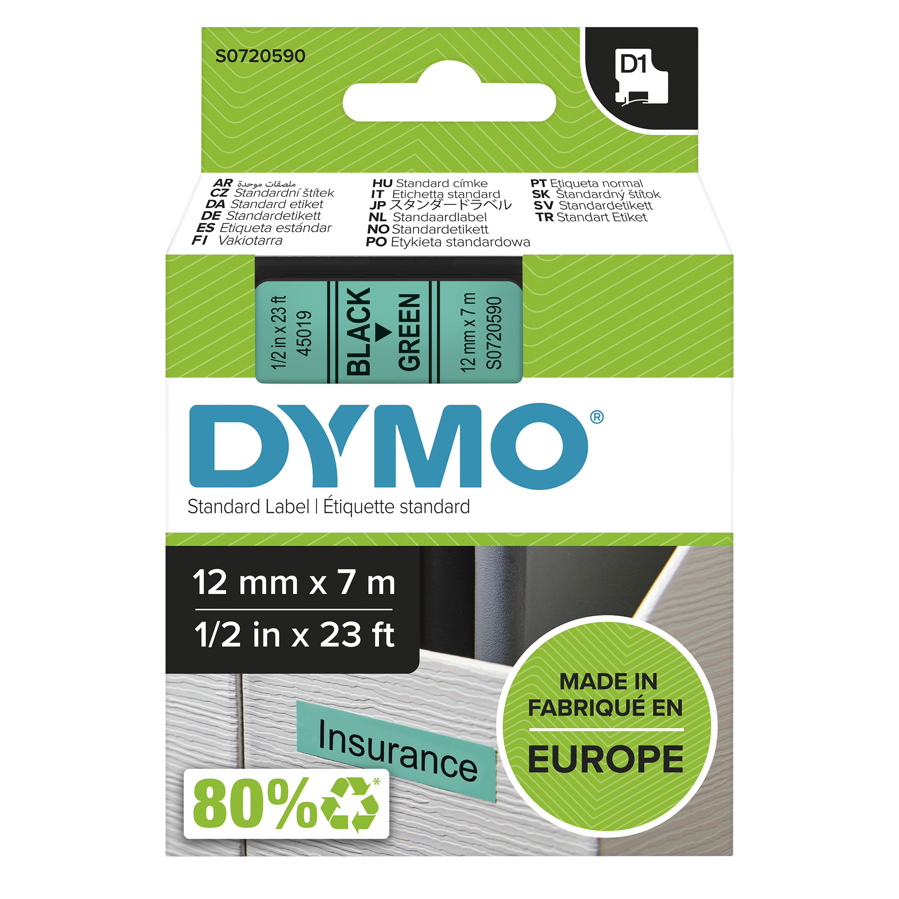 DYMO Schriftband D1 45019 S0720590, 12 mm, schwarz auf grün, 1 St.