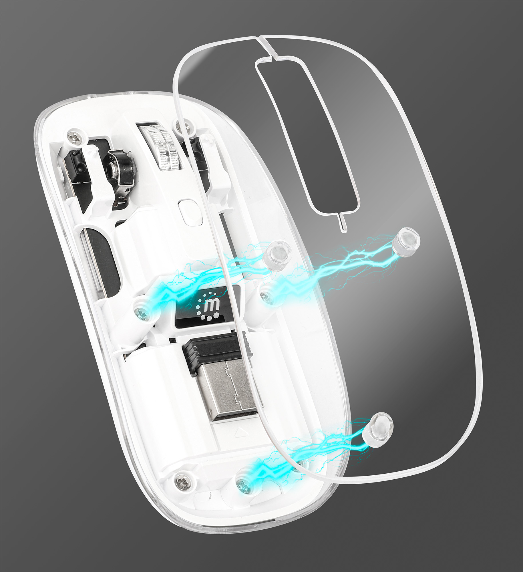MANHATTAN Transparente Wiederaufladbare Kabellose Maus LED-Beleuchtung USB-A-Mikroempfänger Links-/Rechtshänder durchsichtig/weiss