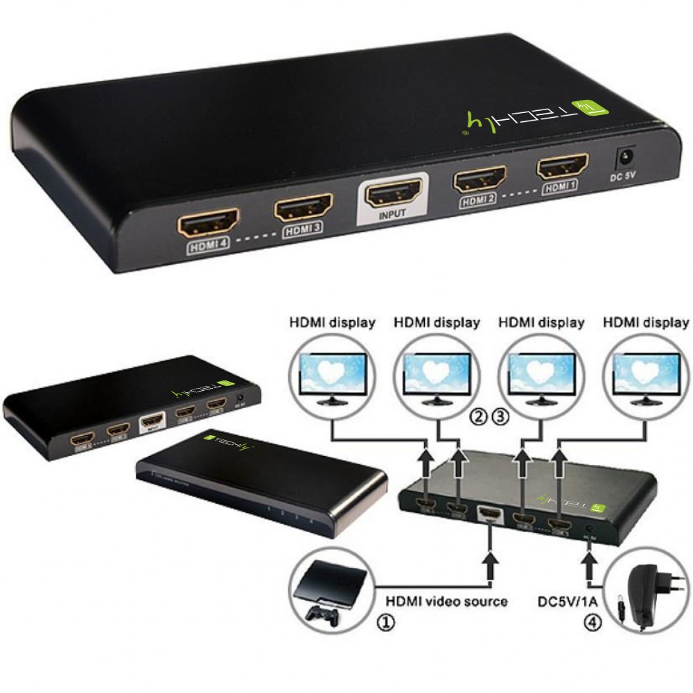 Techly HDMI Splitter 4K, UHD, 3D, 4 Wege