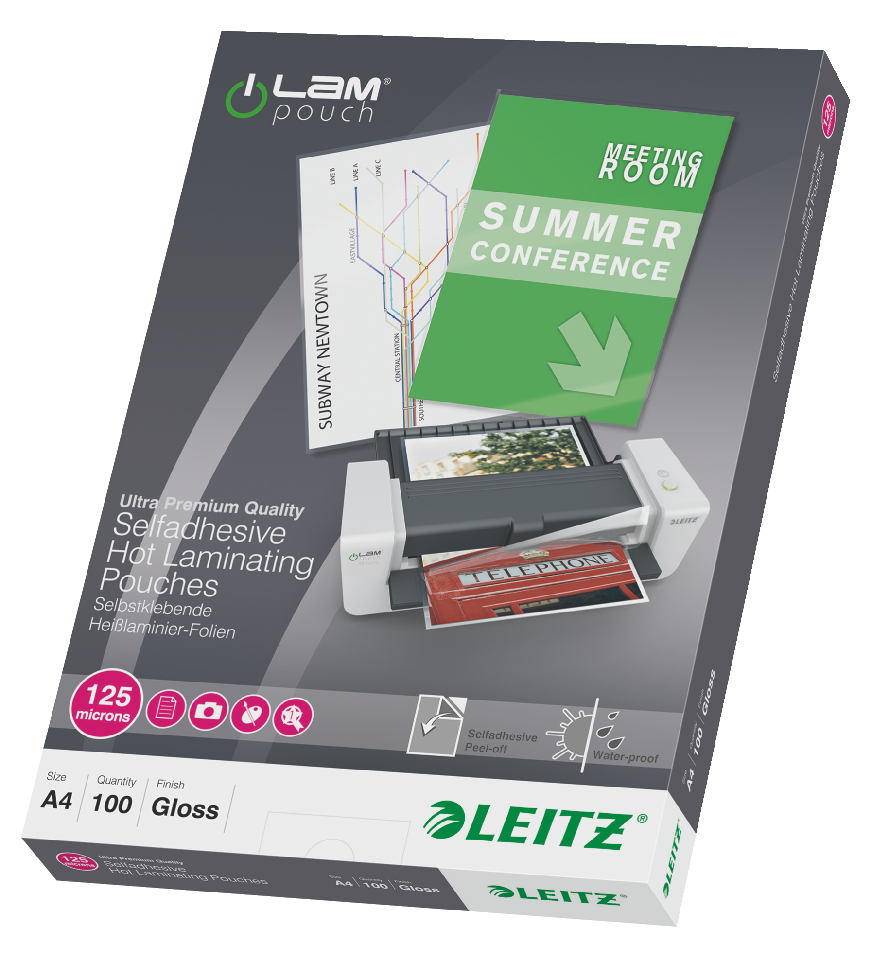 LEITZ Laminierfolien glänzend für A4 125 micron selbstklebender Rücken, 100 St.