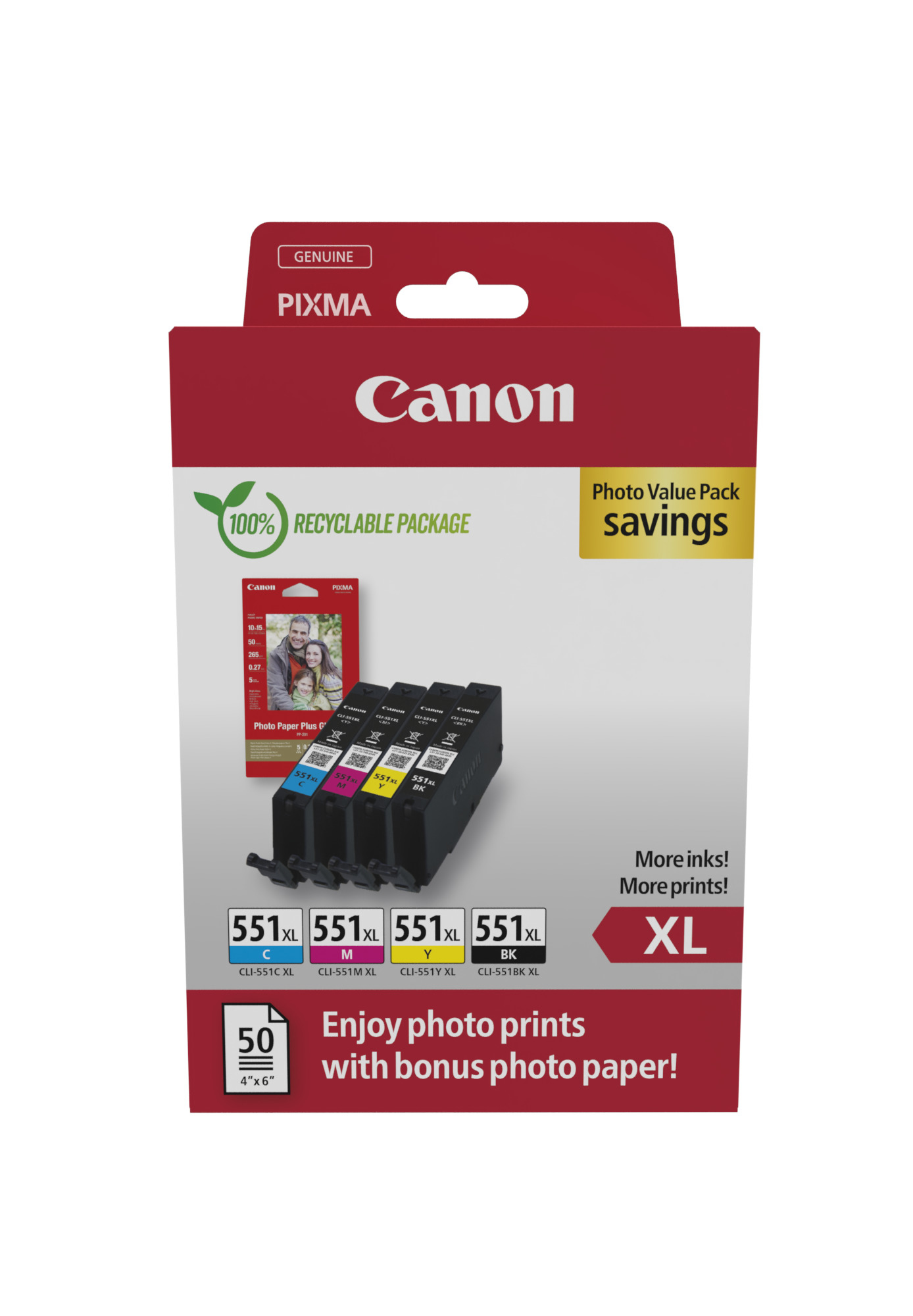 Canon CLI-551 XL C/M/Y/BK schwarz, cyan, magenta, gelb Druckerpatronen + Fotopapier