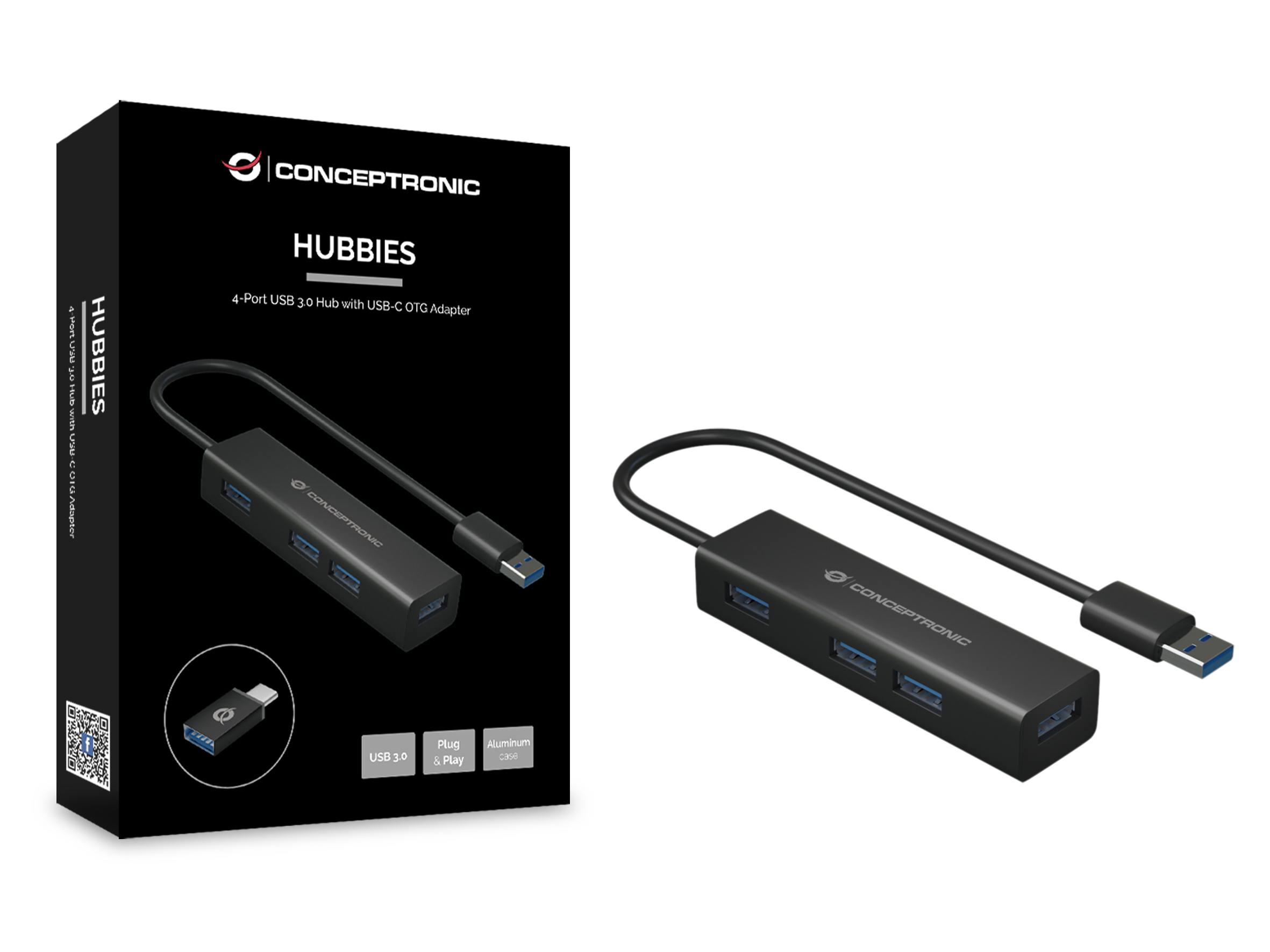 CONCEPTRONIC 4-Port Hub USB-A3.0/-C Adap.->4xA3.0 o.Netz. sw