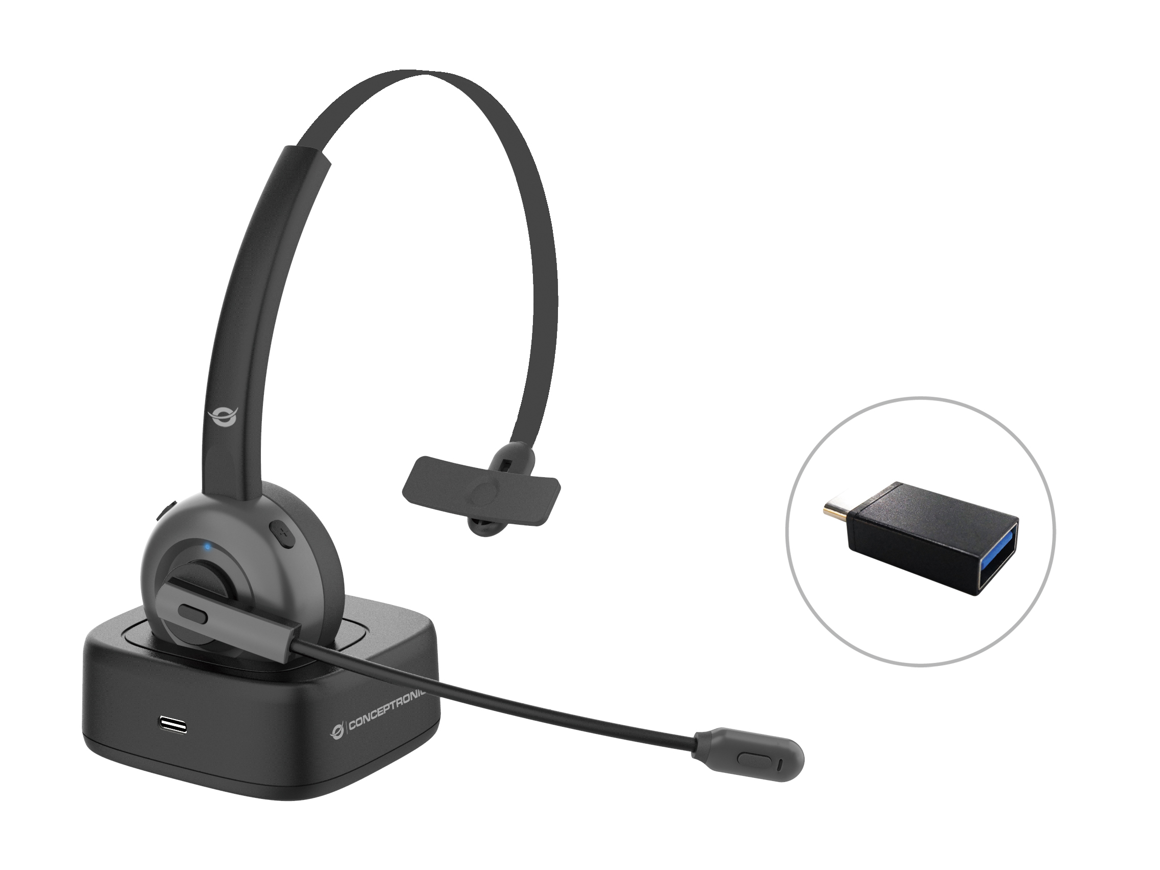 CONCEPTRONIC Headset Mono WLS BT5.0/Mikro/ANC/Dock 22Std sw