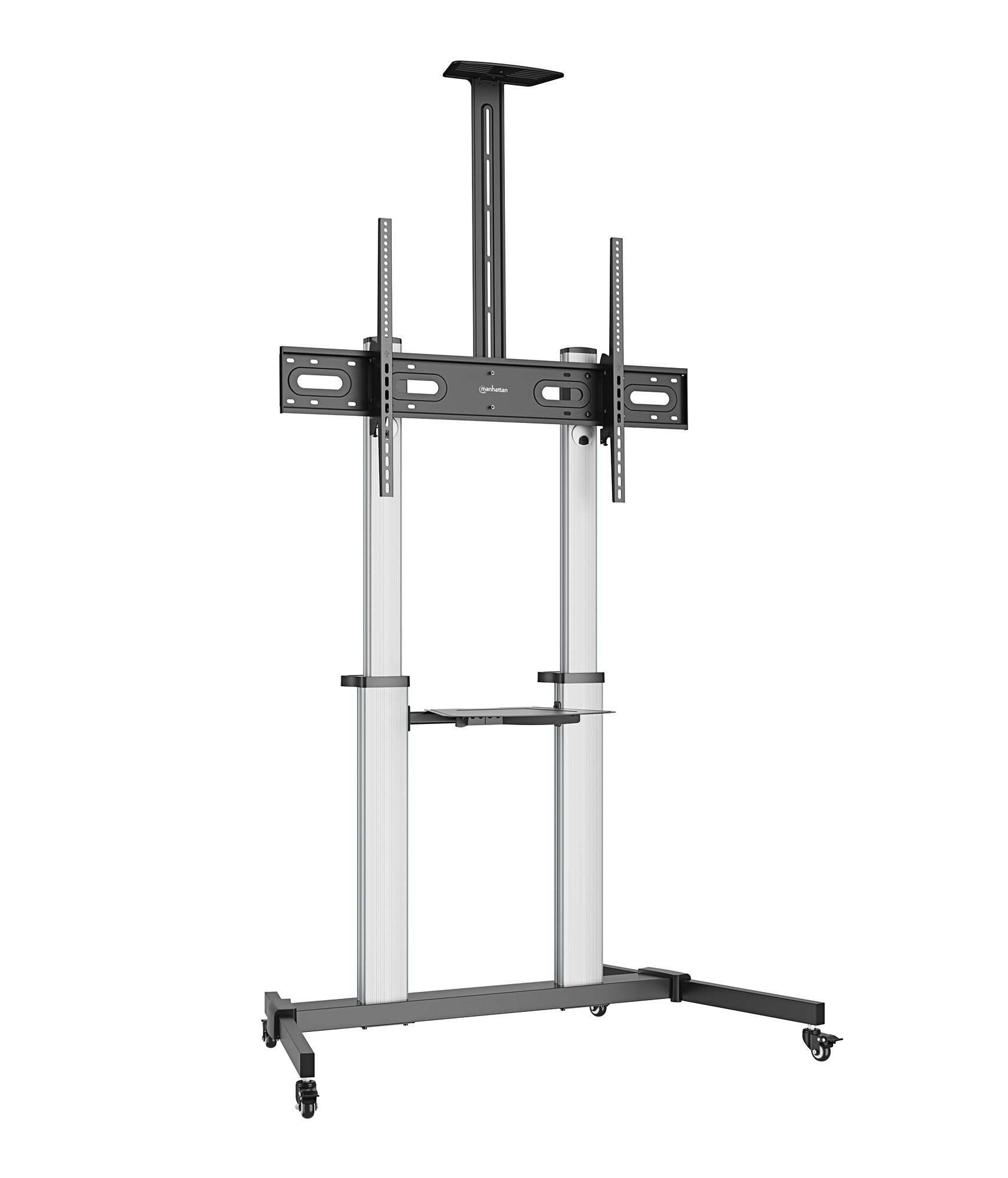 MANHATTAN Aluminium Multimedia TV-Ständer auf Rollen höhenverstellbar 152,4-254cm 60-100Zoll bis 80 kg neigbar rotierbar Fachboden