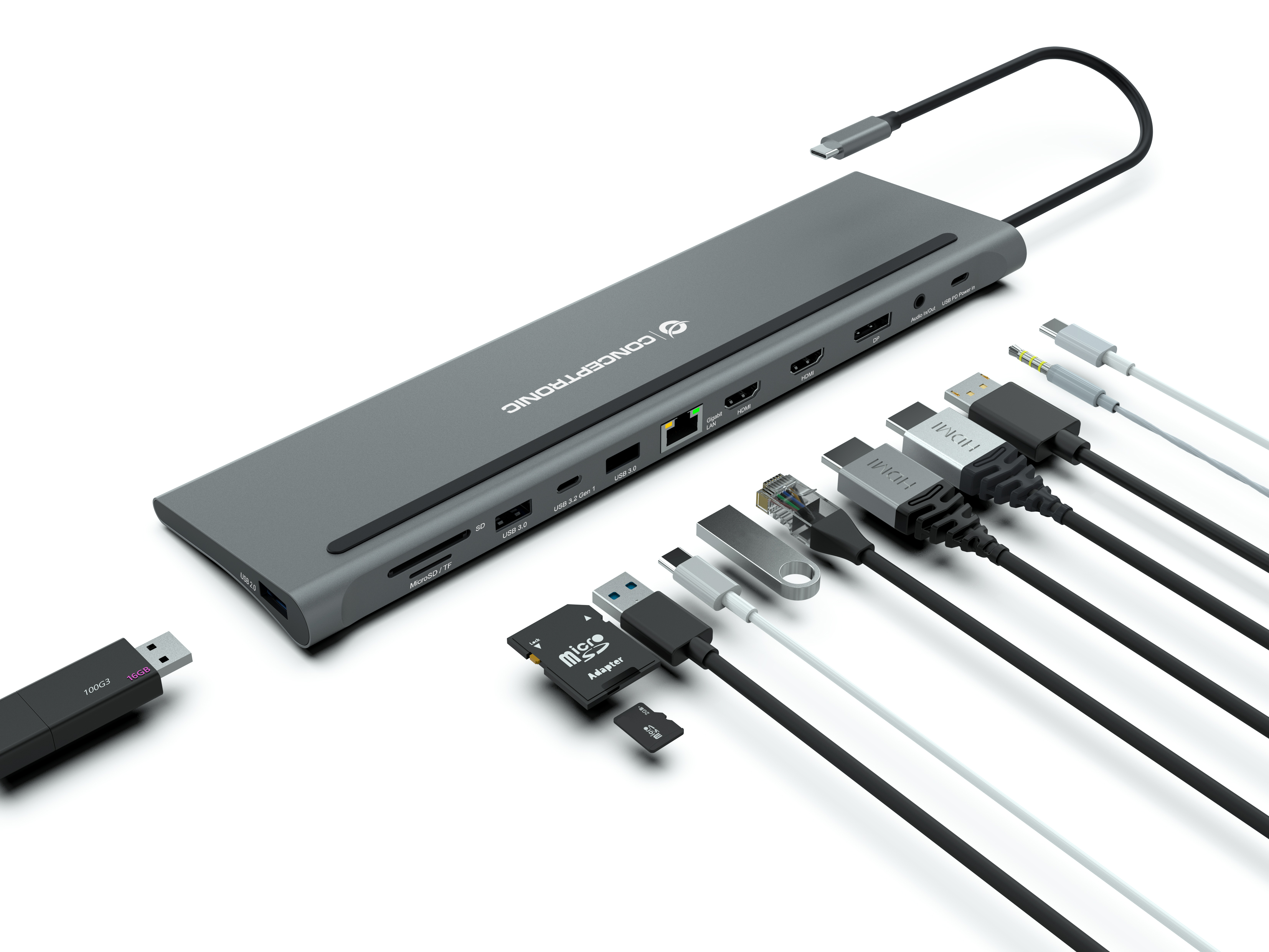 CONCEPTRONIC 12-1 Dock USB-C->2xHDMI/3xUSB-A/DP/+ 18cm gr