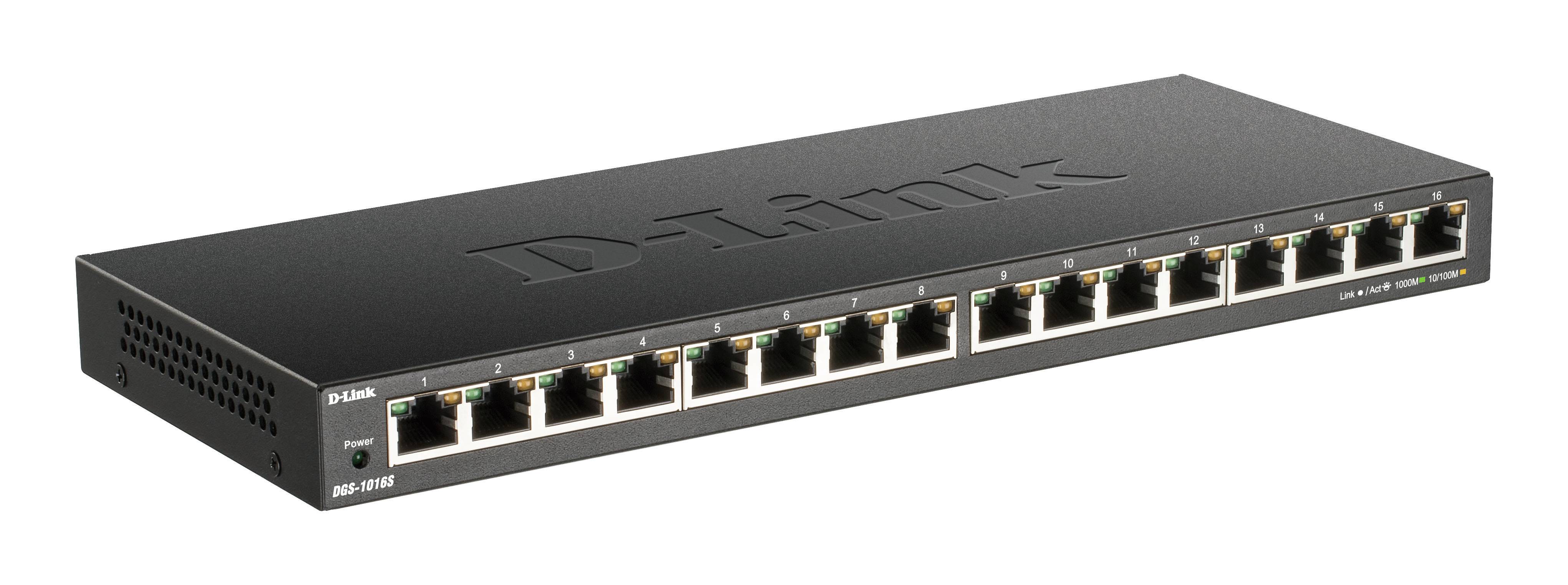 D-LINK DGS-1016S unmanaged Gigabit Switch 16x Gigabit-Port fuer Wandmontage/Schreibtisch geeignet lüfterlos Metallgehäuse