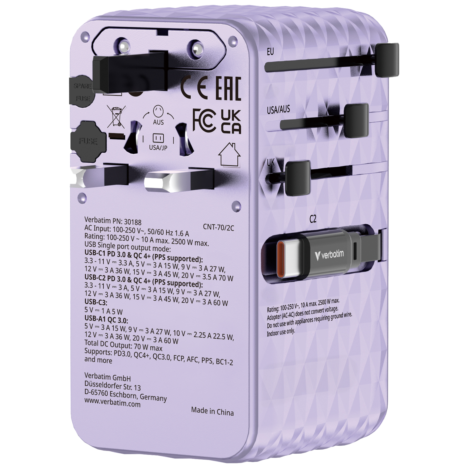 Verbatim Charge'n'Travel Adapter 70W 2C retractable purple