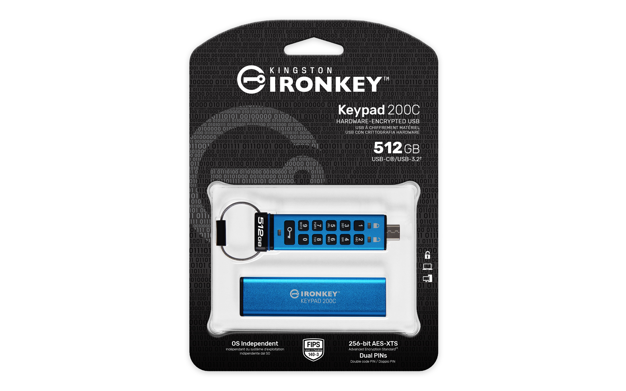 KINGSTON 512GB USB-C IronKey Keypad 200C FIPS 140-3 Lvl 3 Pending AES-256
