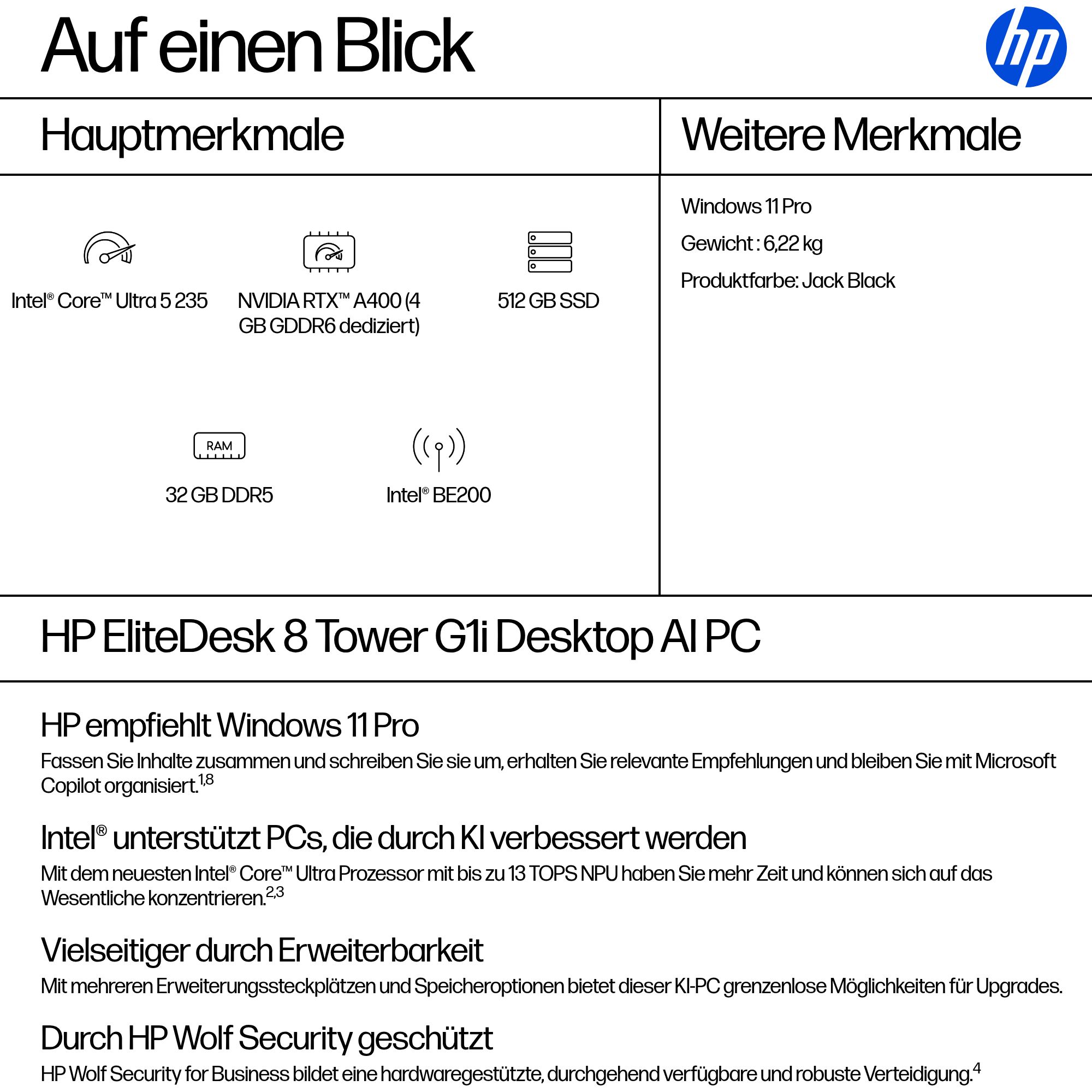 HP ELITEDESK 8 TWR G1I U5-235 16G 512G W11P A400 4G W7 DP 3Y