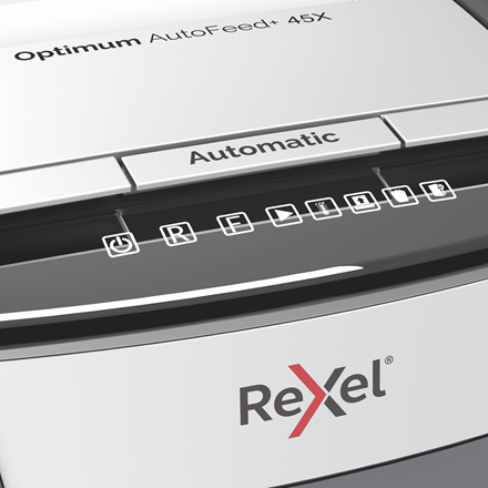 Rexel Optimum AutoFeed+ 45X Aktenvernichter mit Partikelschnitt P-4, 4 x 28 mm, bis 45 Blatt, schwarz