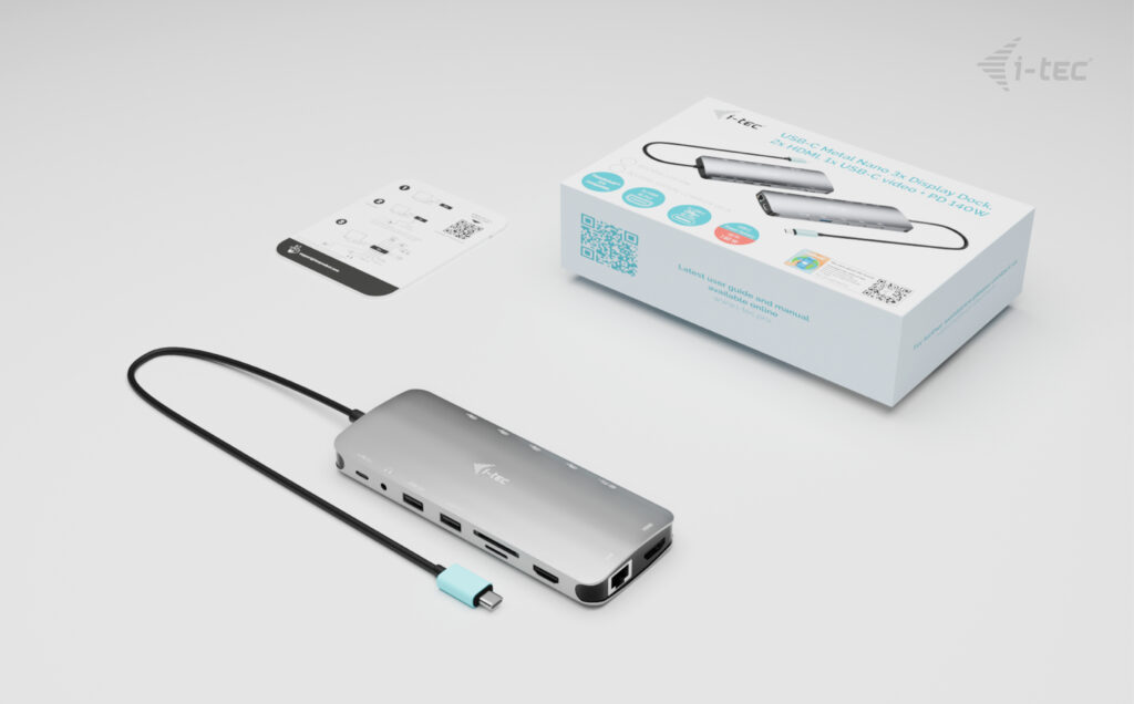 I-TEC USB-C Metal Nano Dock 2x HDMI 1x USB-C Video 1x GLAN 1x Audio/Mic 1xSD/microSD 1x USB 3.2 3x USB-C 3.2 Gen2 2x USB 2.0 PD140W