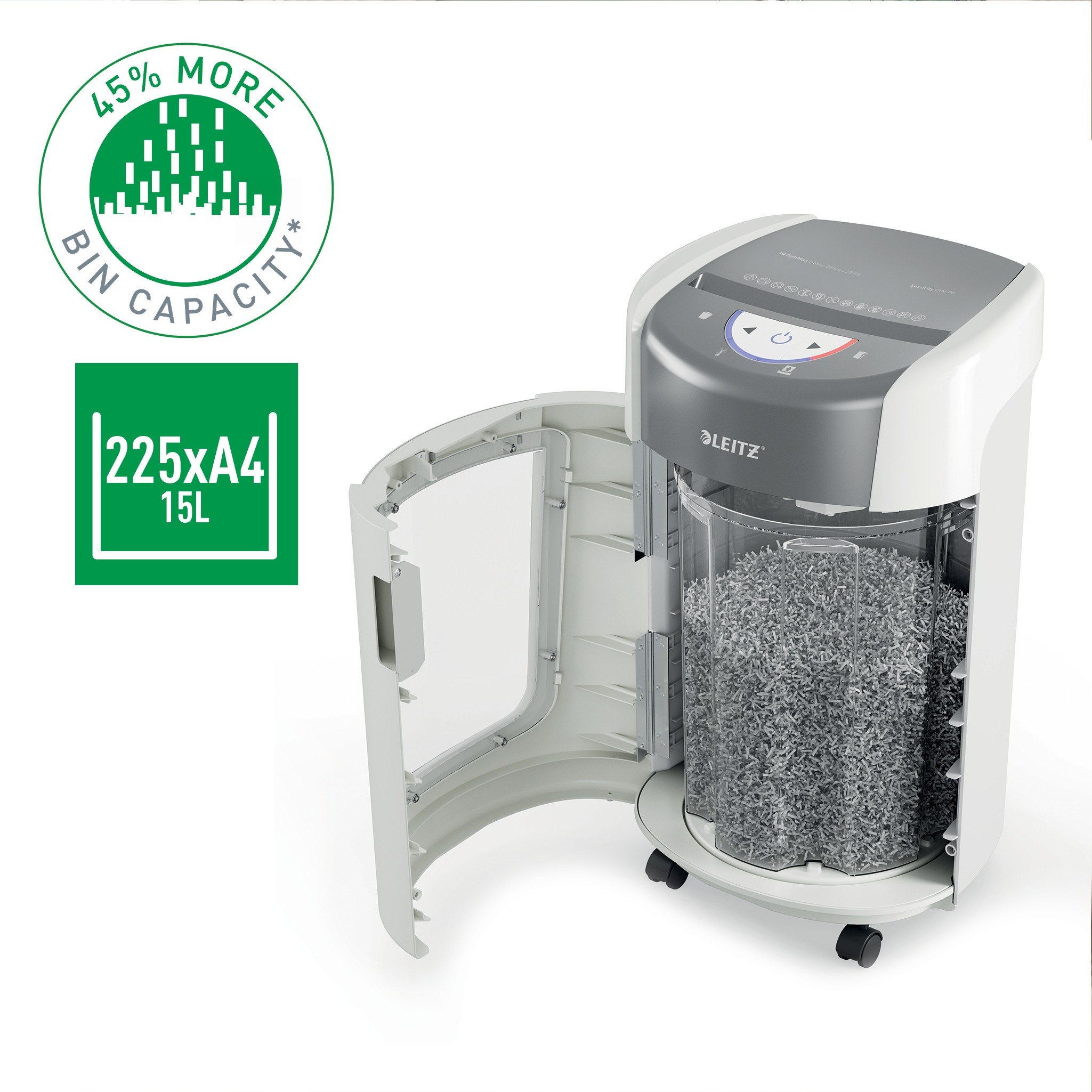 LEITZ IQ OptiMax Home Office 225 Aktenvernichter mit Partikelschnitt P-5, 2 x 15 mm, bis 6 Blatt, weiß