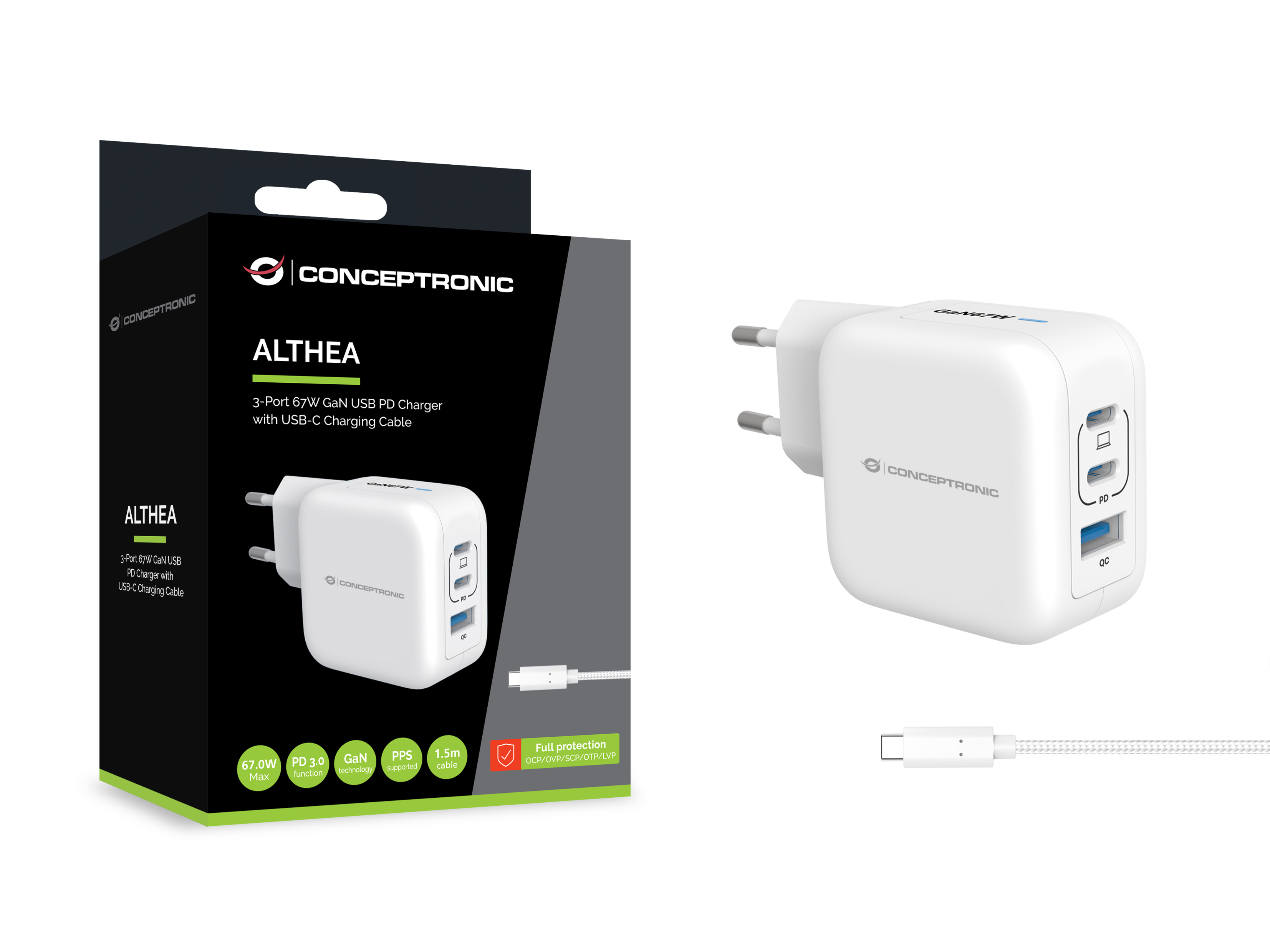 CONCEPTRONIC Ladegerät 3Port GaN 2xUSB-C/1xA 67WPD3.0/PPS ws