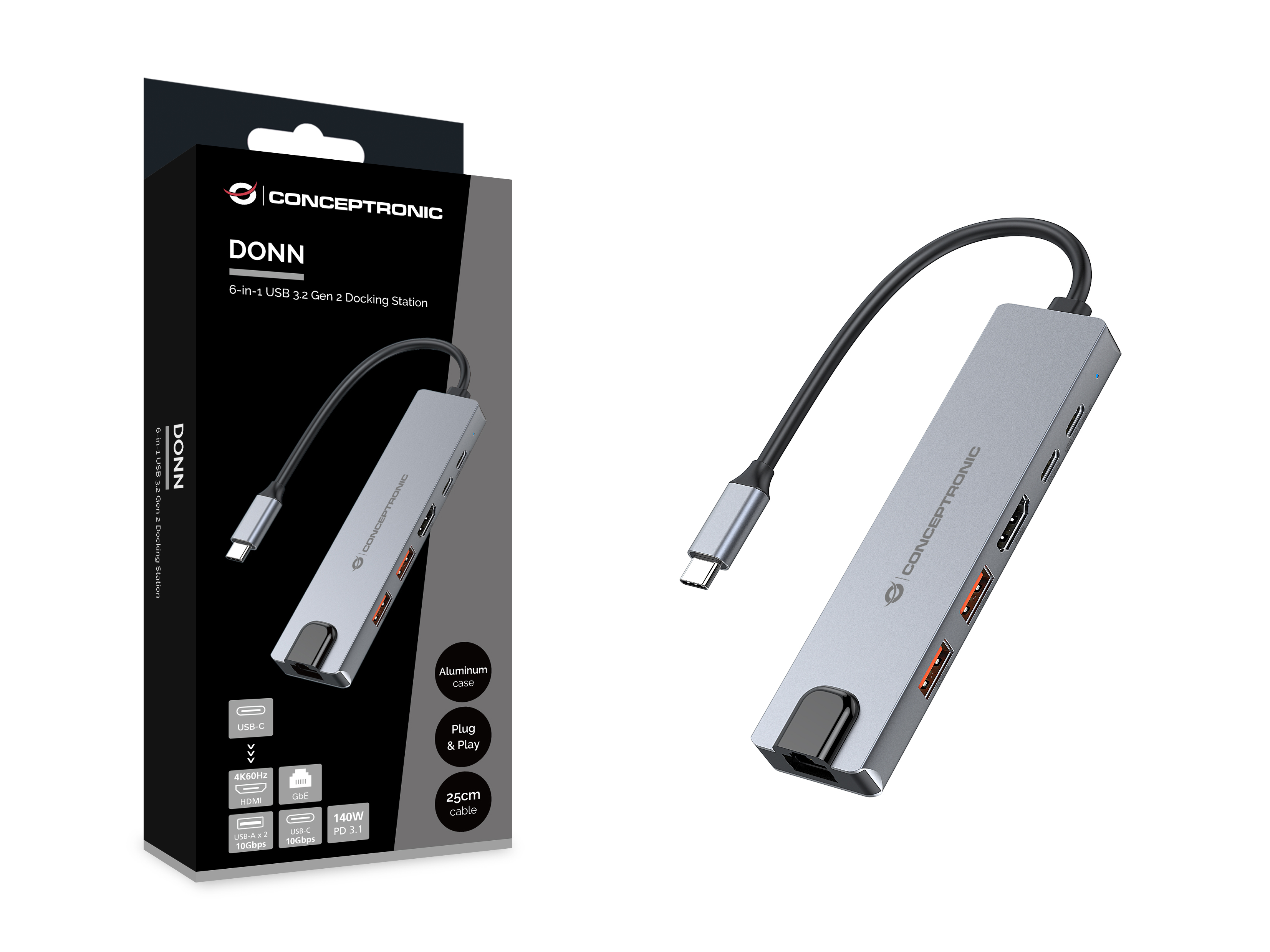 CONCEPTRONIC 6-1 Dock USB-C->HDMI/2xUSB-A/USB-C/+ 25cm si