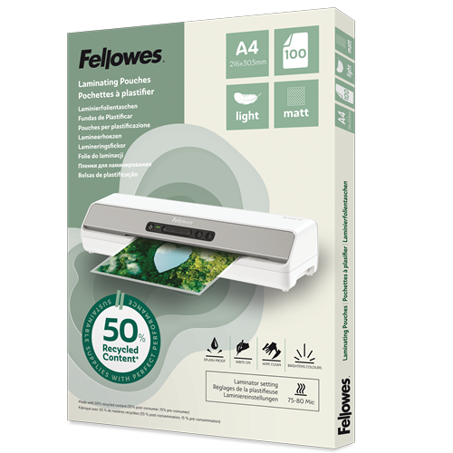 Fellowes Laminierfolien mit 50% recyceltem Anteil matt für A4 75-80 micron, 100 St.
