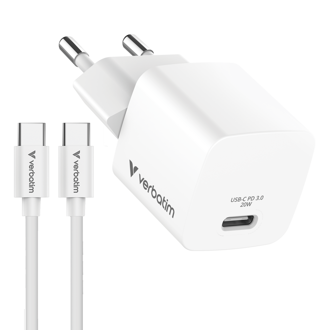 Verbatim Mini GaN Charger 20W EU with 1m USB-C to USB-C cab.
