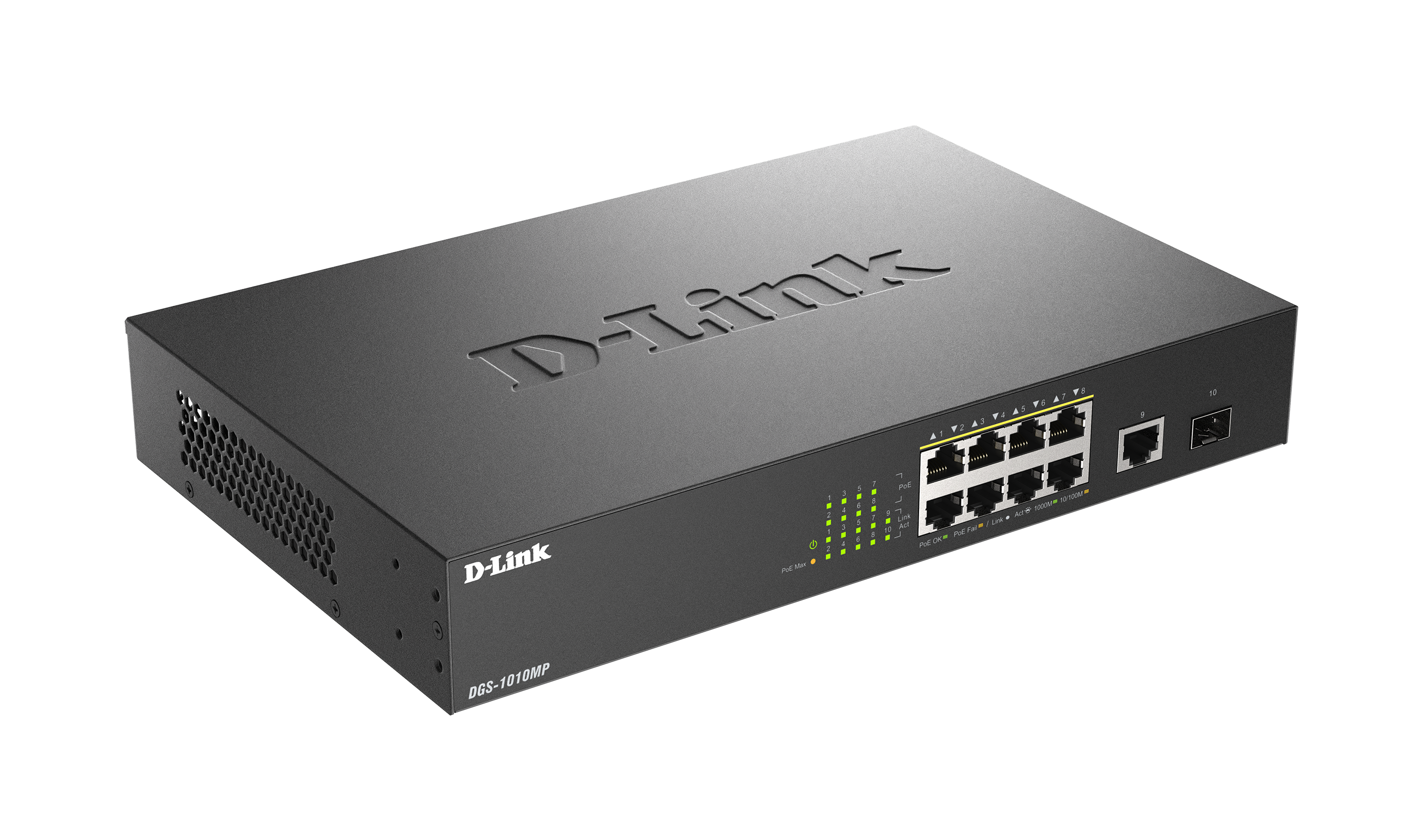 D-LINK DGS-1010MP 10-Port Layer2 PoE+ Gigabit Switch 8x 10/100/1000 Mbps PoE+ 1x 10/100/1000 Mbps 1x SFP PoE Power Budget: 125W