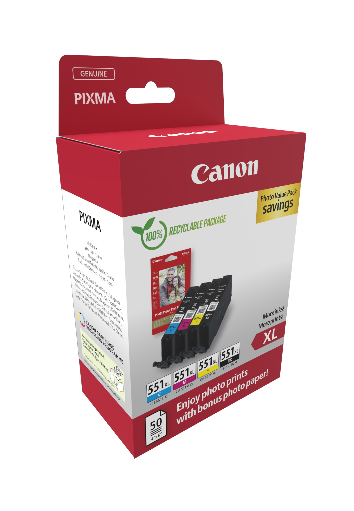 Canon CLI-551 XL C/M/Y/BK schwarz, cyan, magenta, gelb Druckerpatronen + Fotopapier