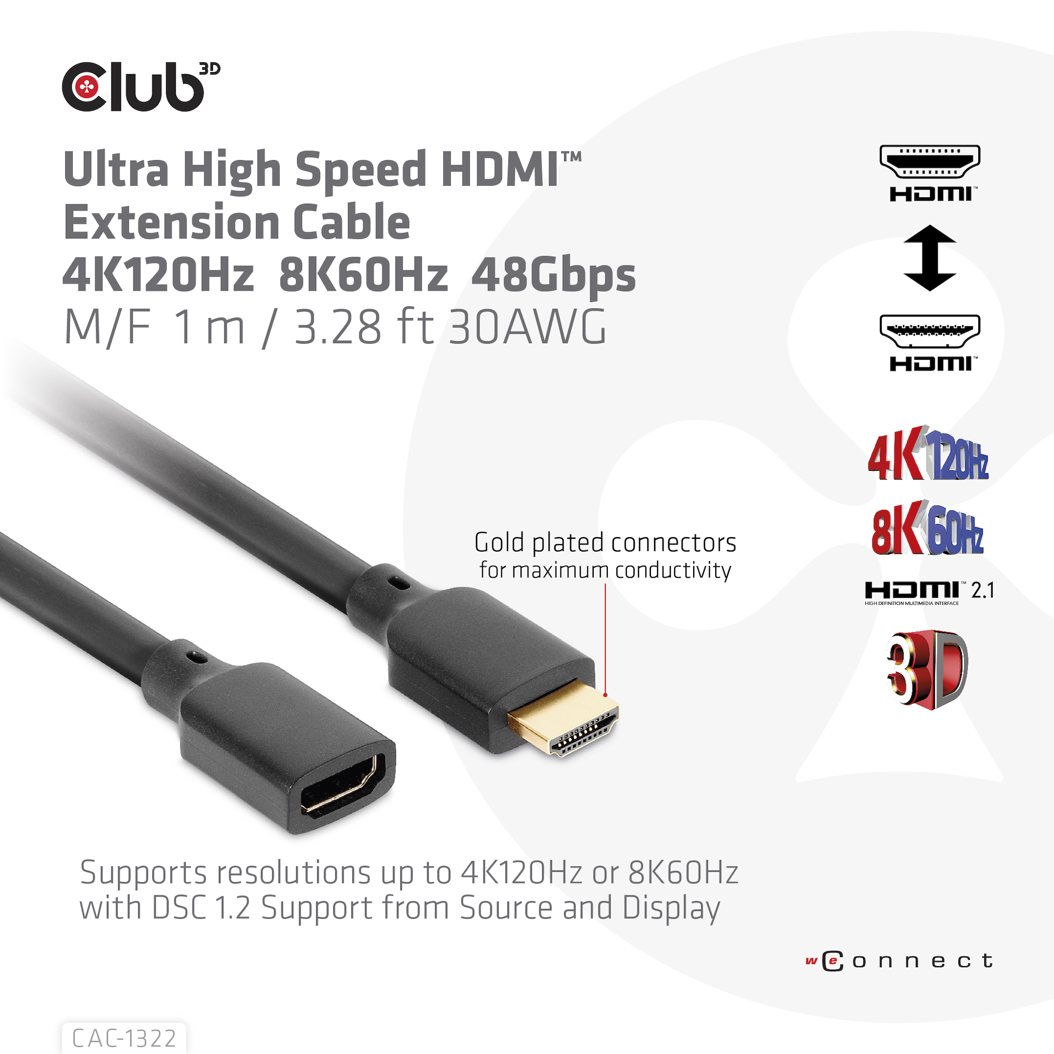 Club3D HDMI-Kabel 2.1 UHD-Verlängerungskabel 1 Meter St/Bu retail