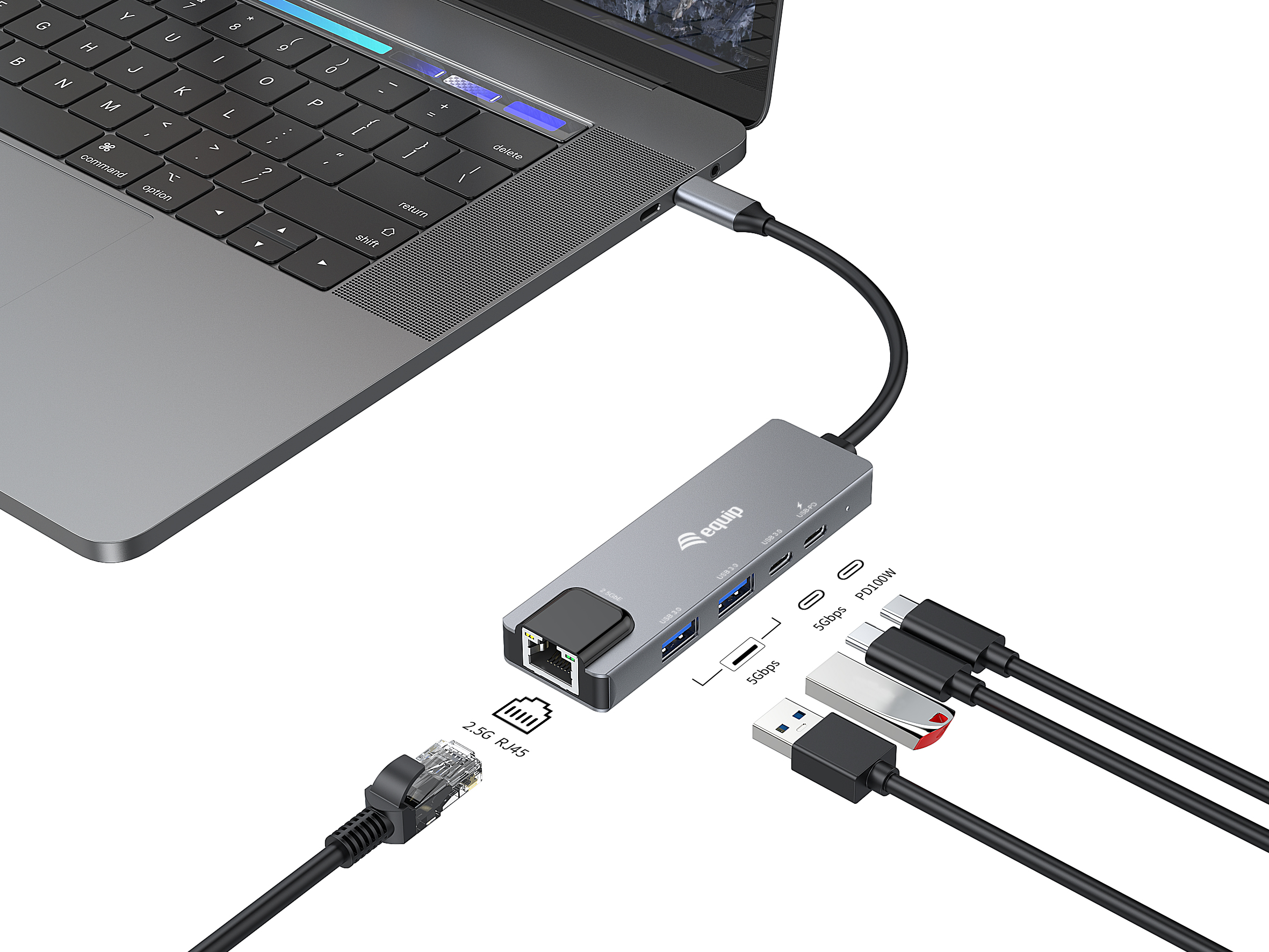 Equip Adapter USB-C->RJ45/2xUSB-A/USB-C/PD 0.25m Alu.
