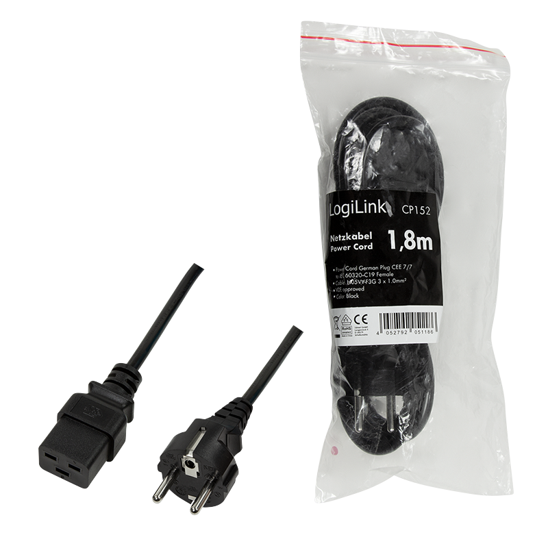 Logilink Power Cord, CEE 7/7-IEC C19, black, 1,80m