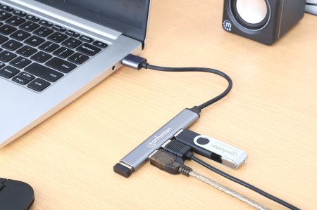 MANHATTAN 4-Port USB 3.0/2.0 Kombo-Hub USB-A-Stecker auf ein5 Gbit/s USB 3.2 Gen1-Port drei 480 Mbit/s USB 2.0-Ports Aluminium grau