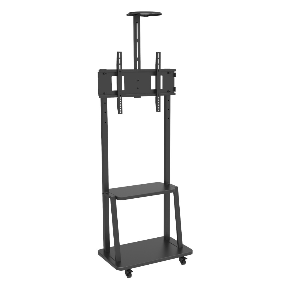 TECHLY Boden TV Halter fuer 32-70Zoll Fernseher Schwarz Hoehenverstallbarer Rollwagen mit 2 Ablagen Traglast max. 60Kg