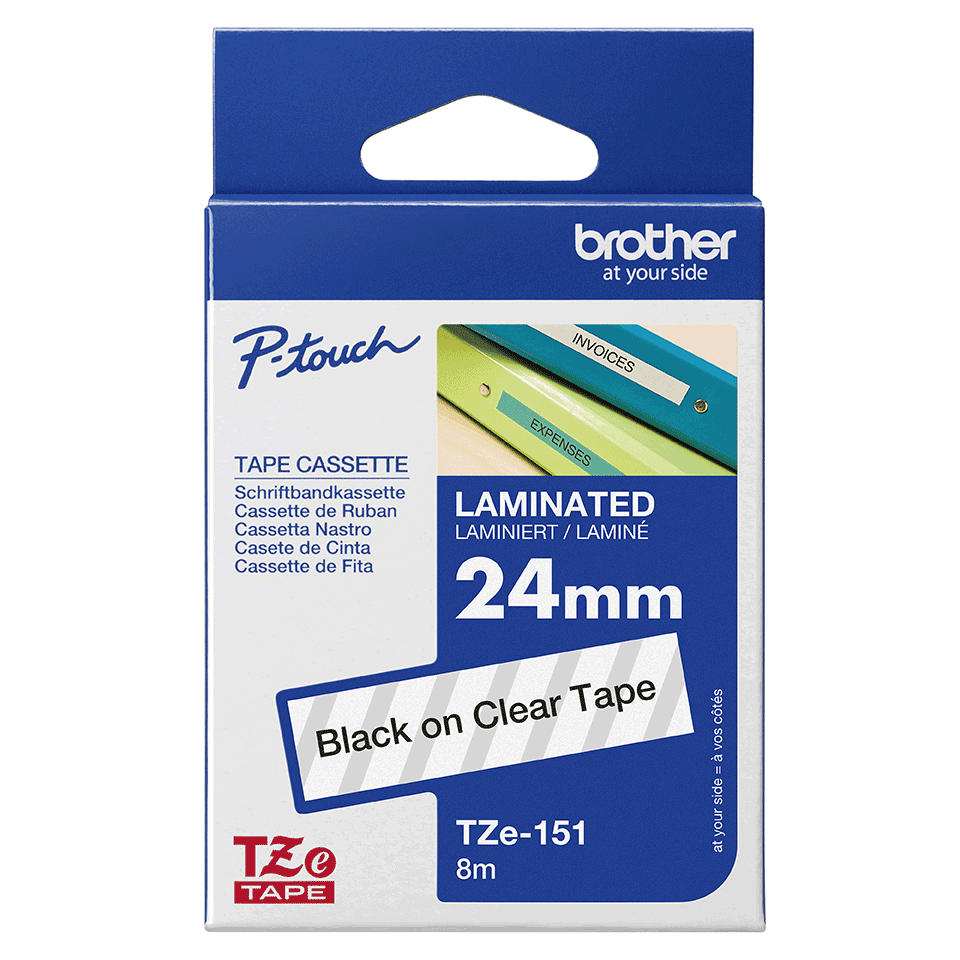 TZE-151 LAMINATED TAPE 24MM 8M BLACK ON CLEAR