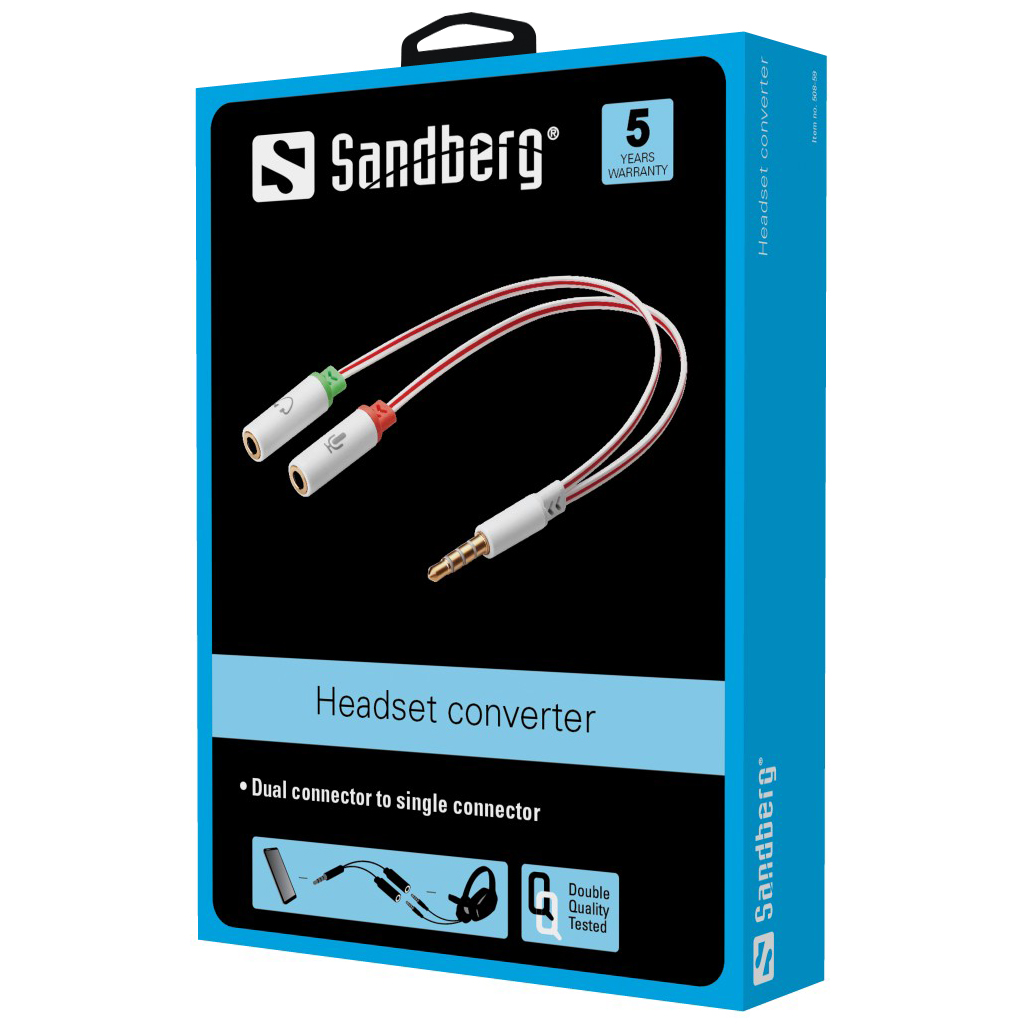 SANDBERG Headset converter Dual to Single. Konvertiert zweimal MiniJack von PC-Headset zu einmal kombi MiniJack.