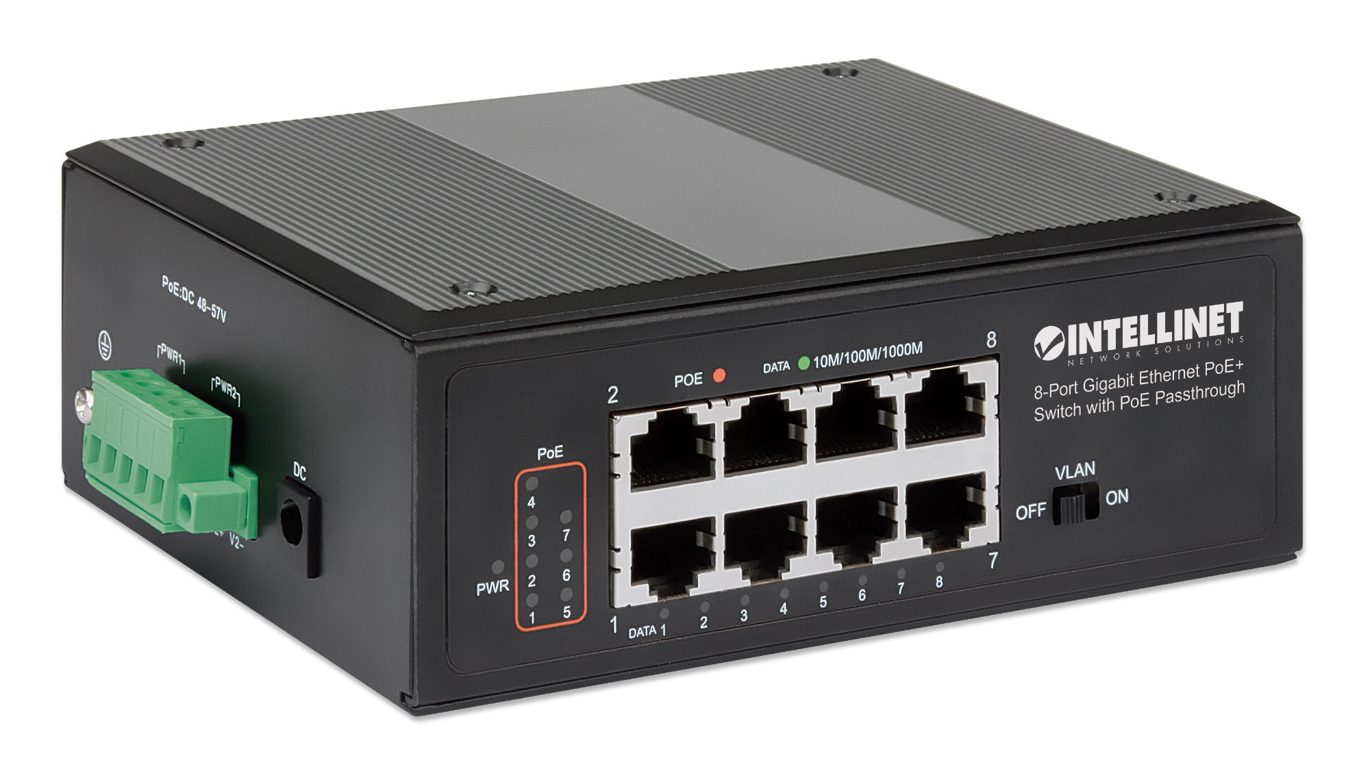 INTELLINET 8-Port PoE+ Gb Switch PoE-Passthrough 1xPD PoE 95W Eingangsstrom 7x PSE PoE Strombudget bis 120W DIN-Hutschienenmontage
